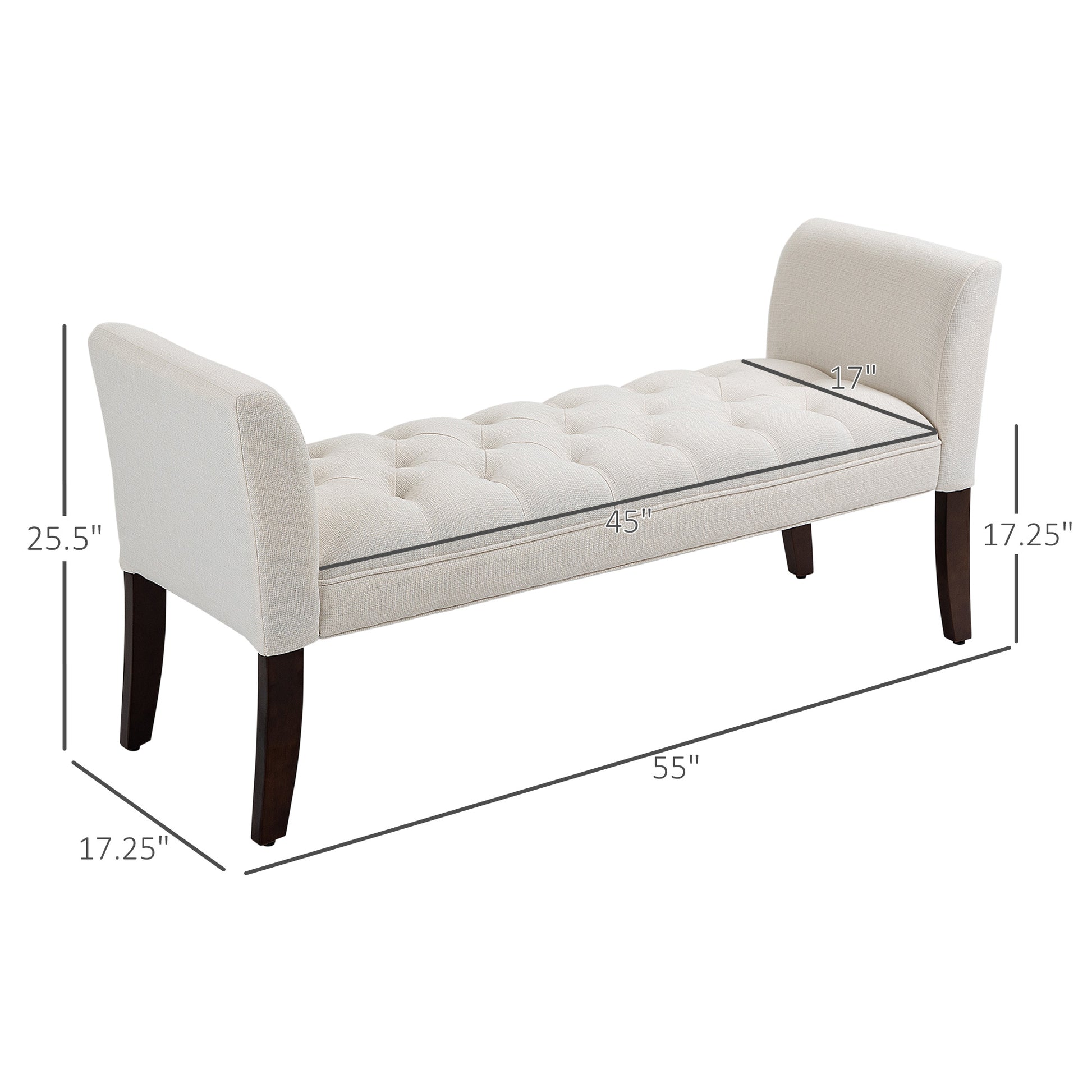 Tufted ivory linen storage bench with dark wood legs and rolled arms