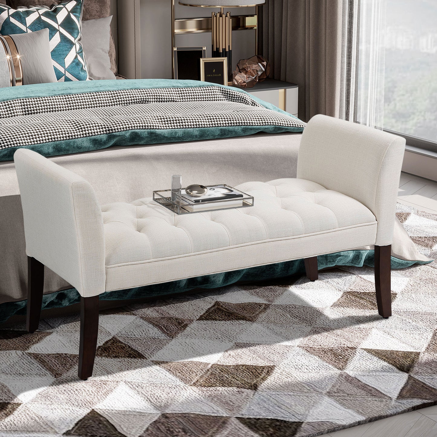 Tufted offwhite fabric bench with dark wooden legs