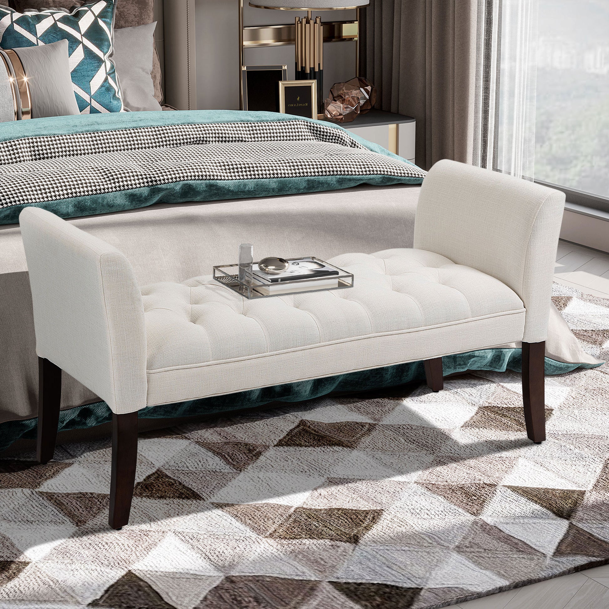 Tufted offwhite fabric bench with dark wooden legs