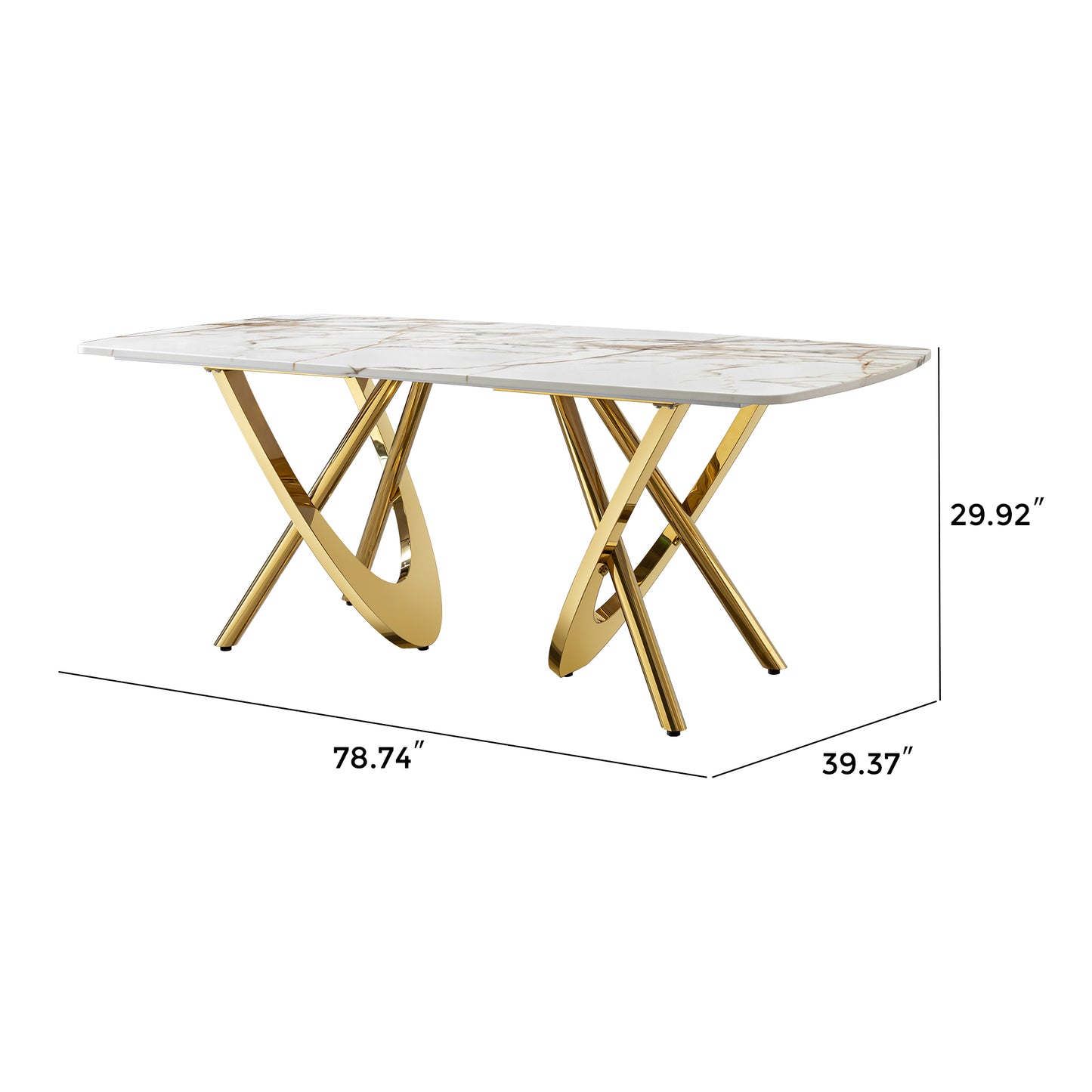 White marble dining table with striking gold chrome Xlegs  inches long