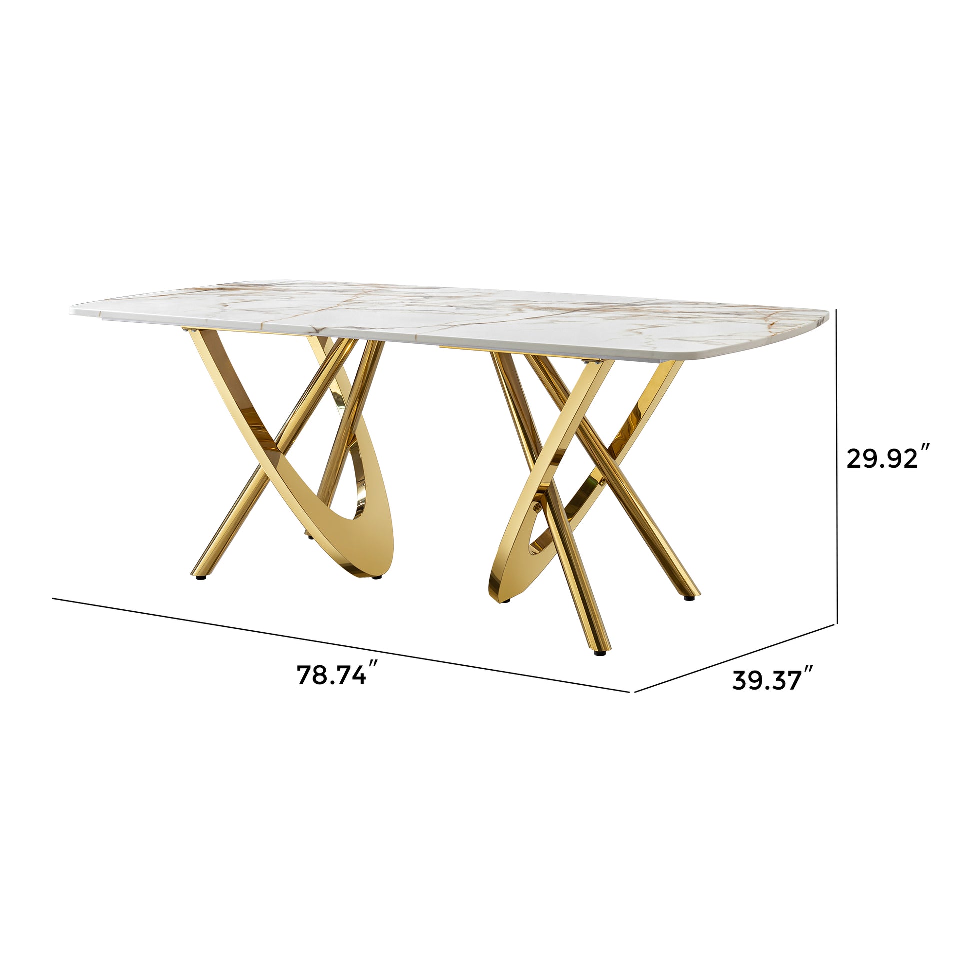 White marble dining table with striking gold chrome Xlegs  inches long