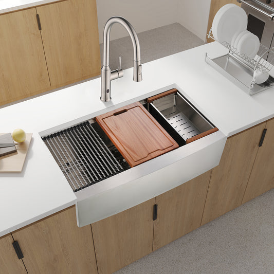 Stainless steel farmhouse sink with integrated cutting board and drying rack