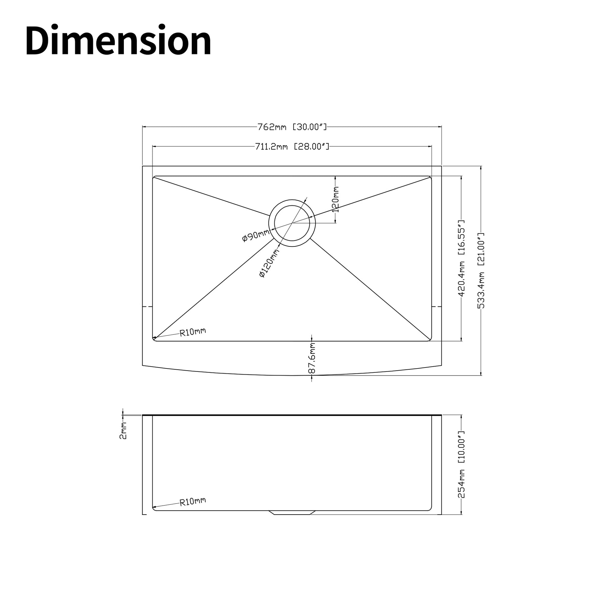 Diagram showing inch stainless steel kitchen sink dimensions mm width mm depth mm height