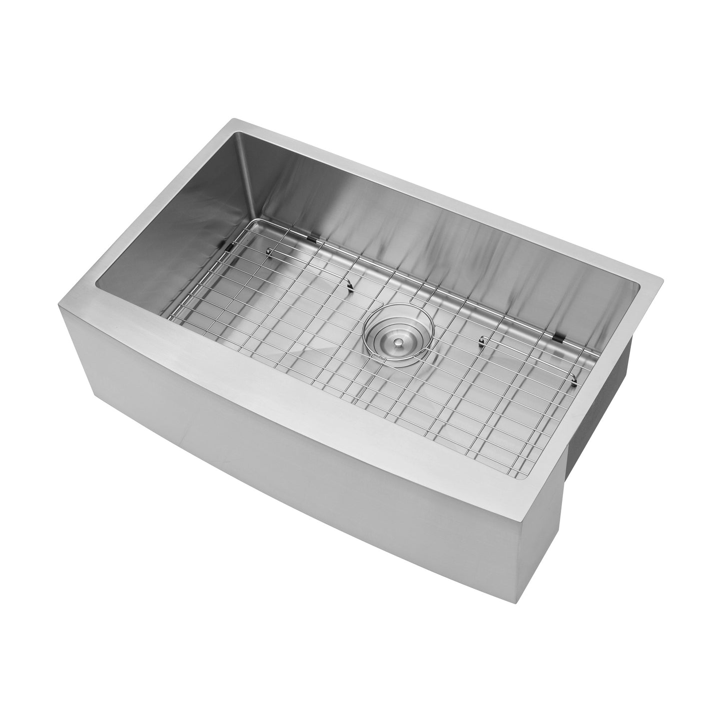 Stainless steel farmhouse sink with satin finish and grid protector ideal for modern kitchens