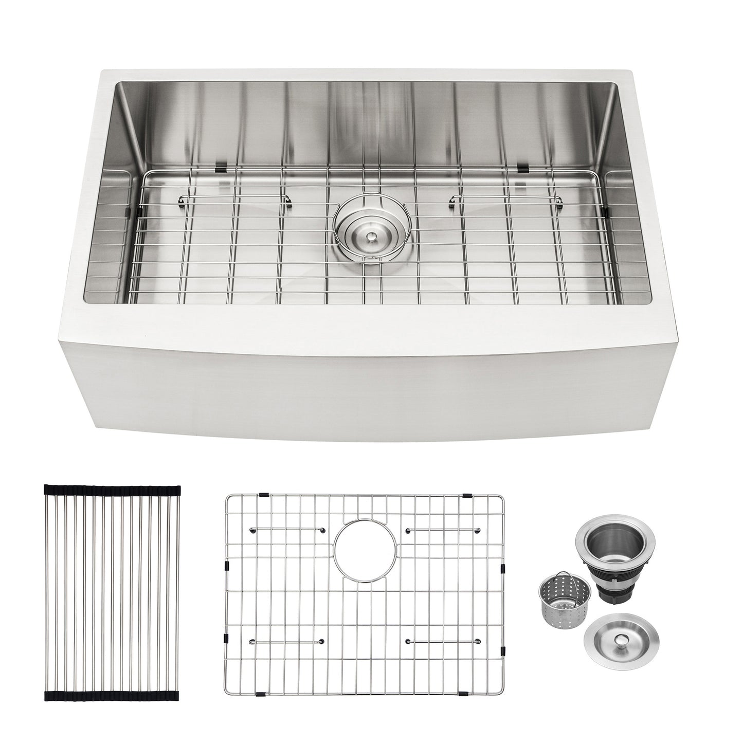 Brushed stainless steel farmhouse sink with included grid and drain assembly