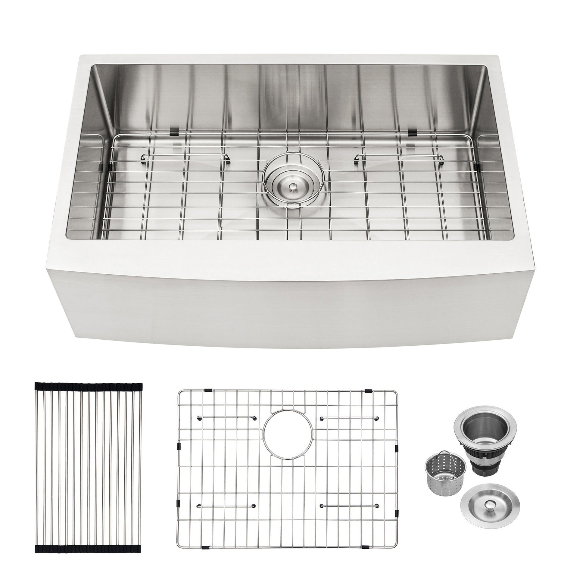 Brushed stainless steel farmhouse sink with included grid and drain assembly
