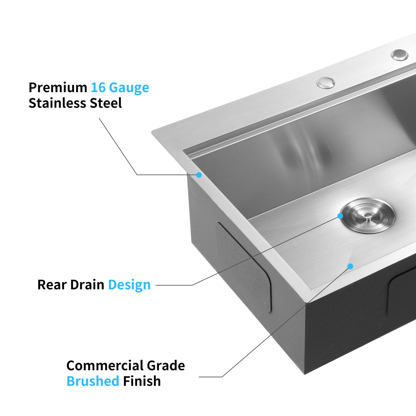 Stainless steel sink with premium  gauge construction and brushed finish