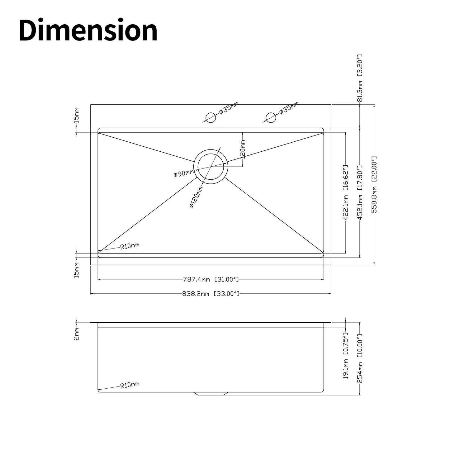 Technical drawing of a large stainless steel kitchen sink  inches wide with dimensions labeled