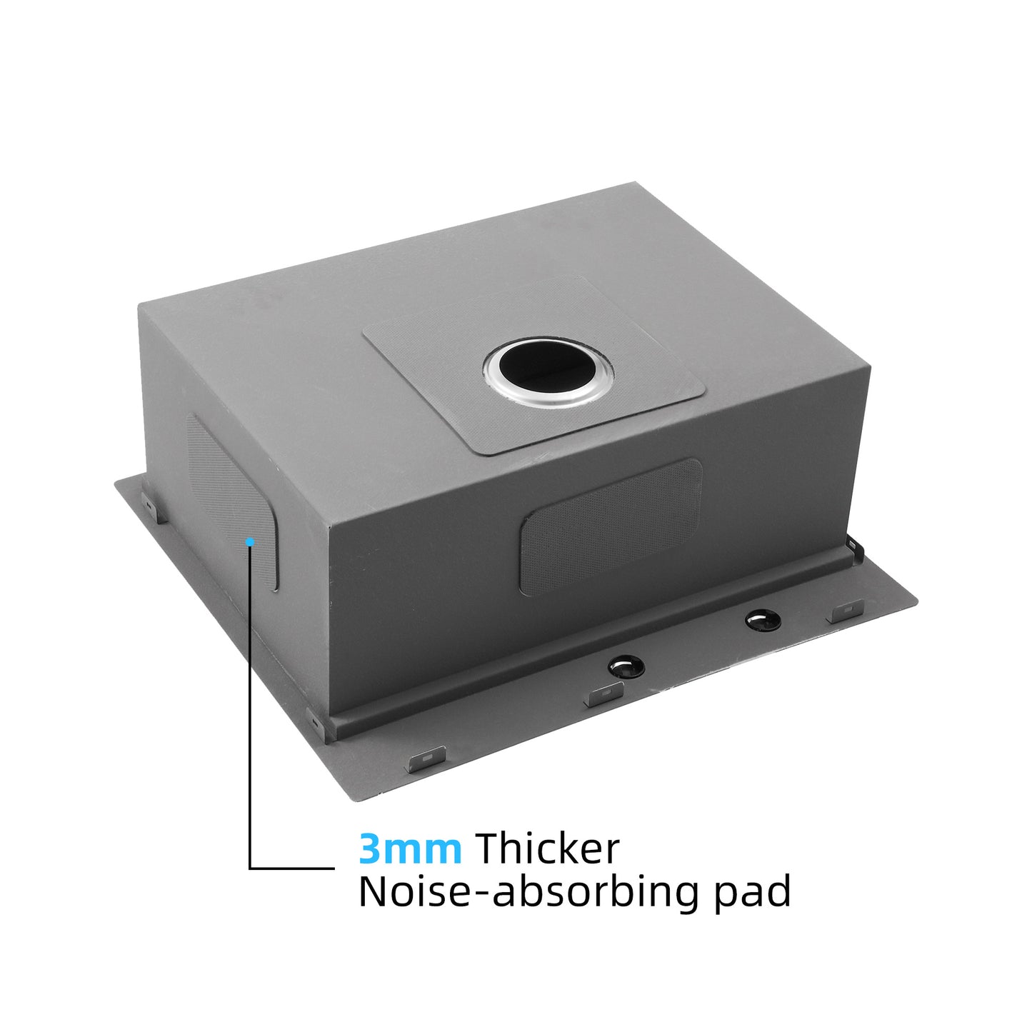 Underside of a stainless steel sink with noiseabsorbing pads for quiet operation