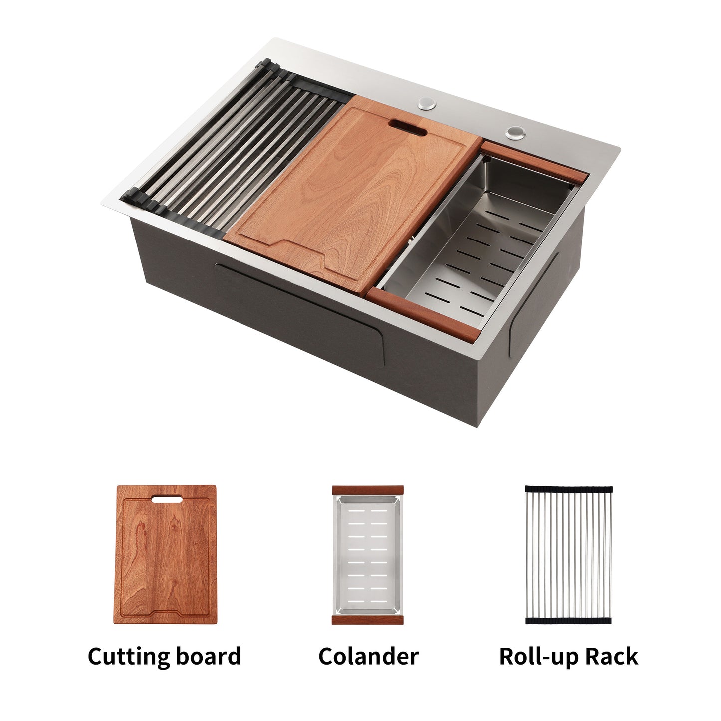 Stainless steel kitchen sink with integrated cutting board and rollup drying rack