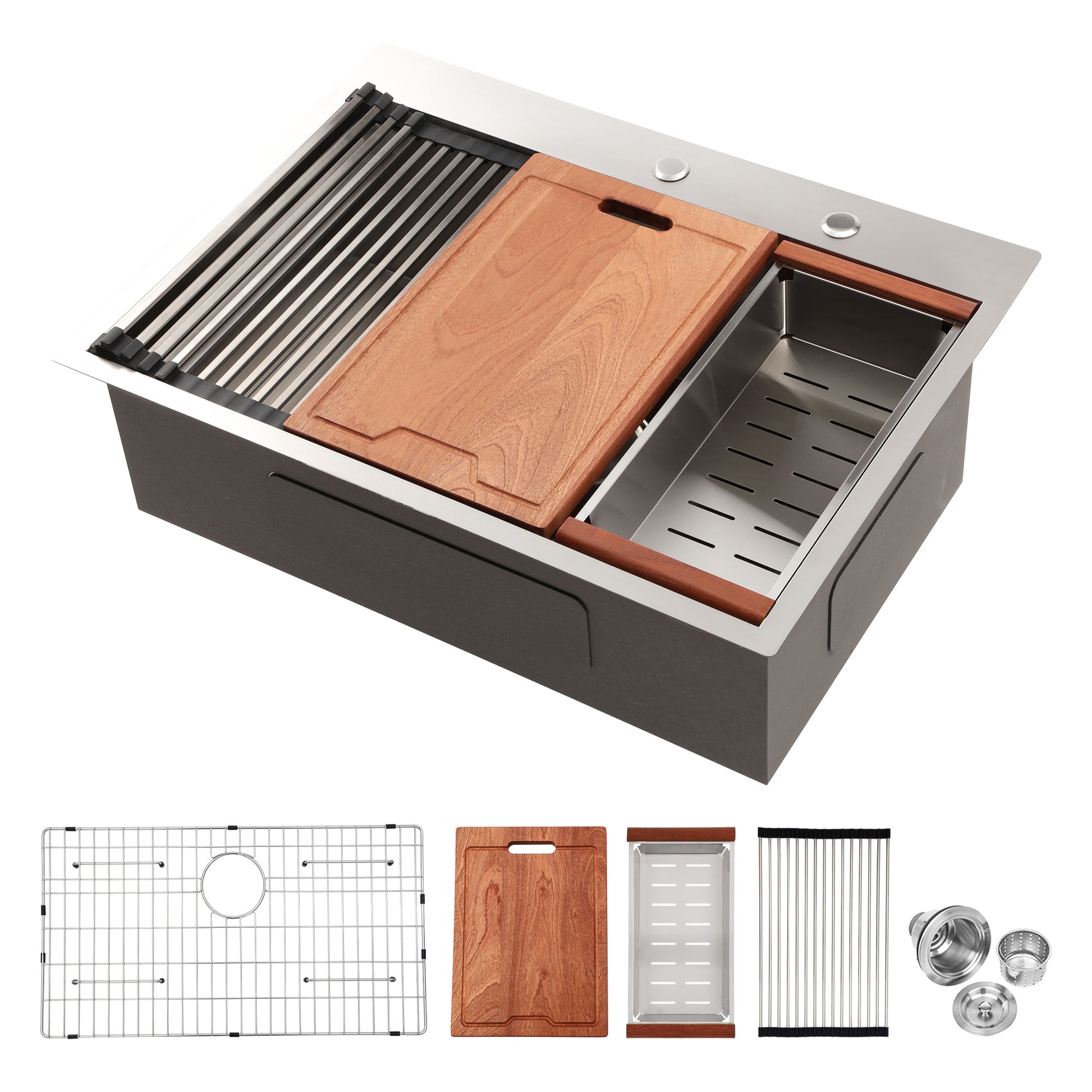 Stainless steel kitchen sink with rollup drying rack wooden cutting board and strainer basket