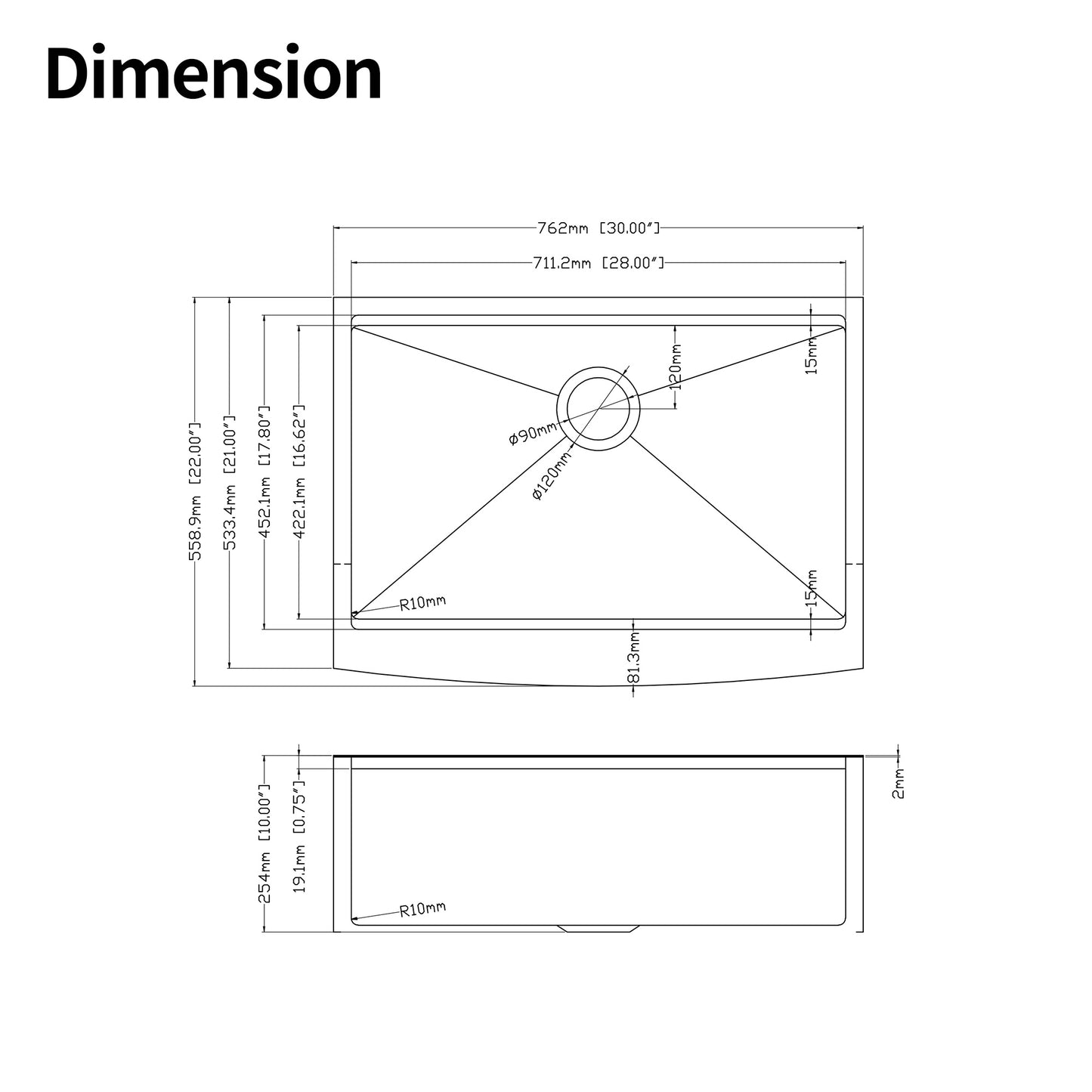 Top view diagram of a  inch stainless steel kitchen sink with drainage dimensions
