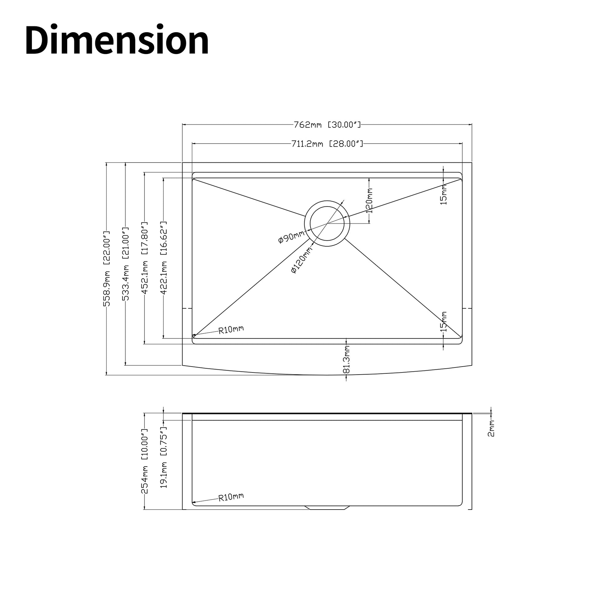 Top view diagram of a  inch stainless steel kitchen sink with drainage dimensions