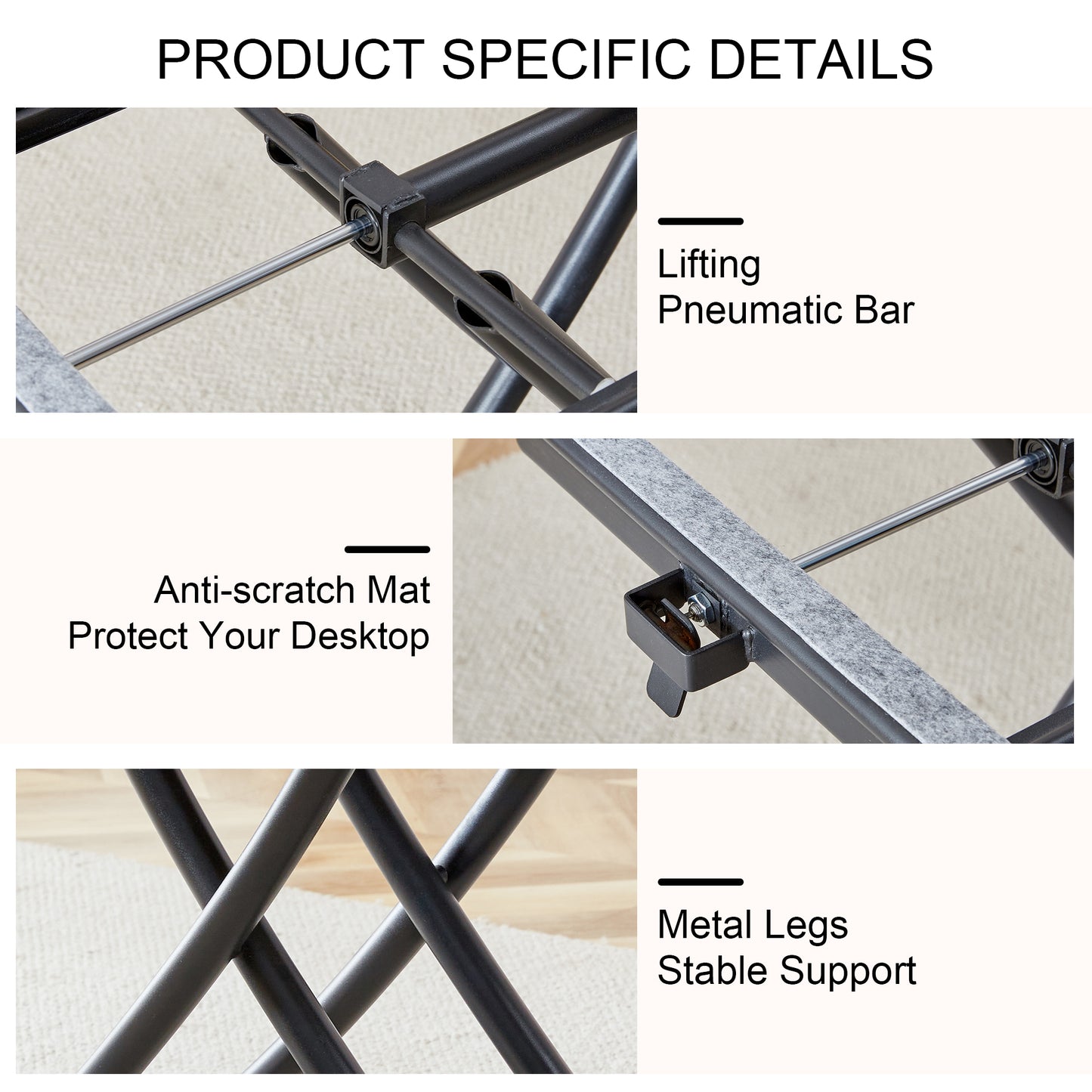 Closeup of a lifting pneumatic bar mechanism on a black metal frame