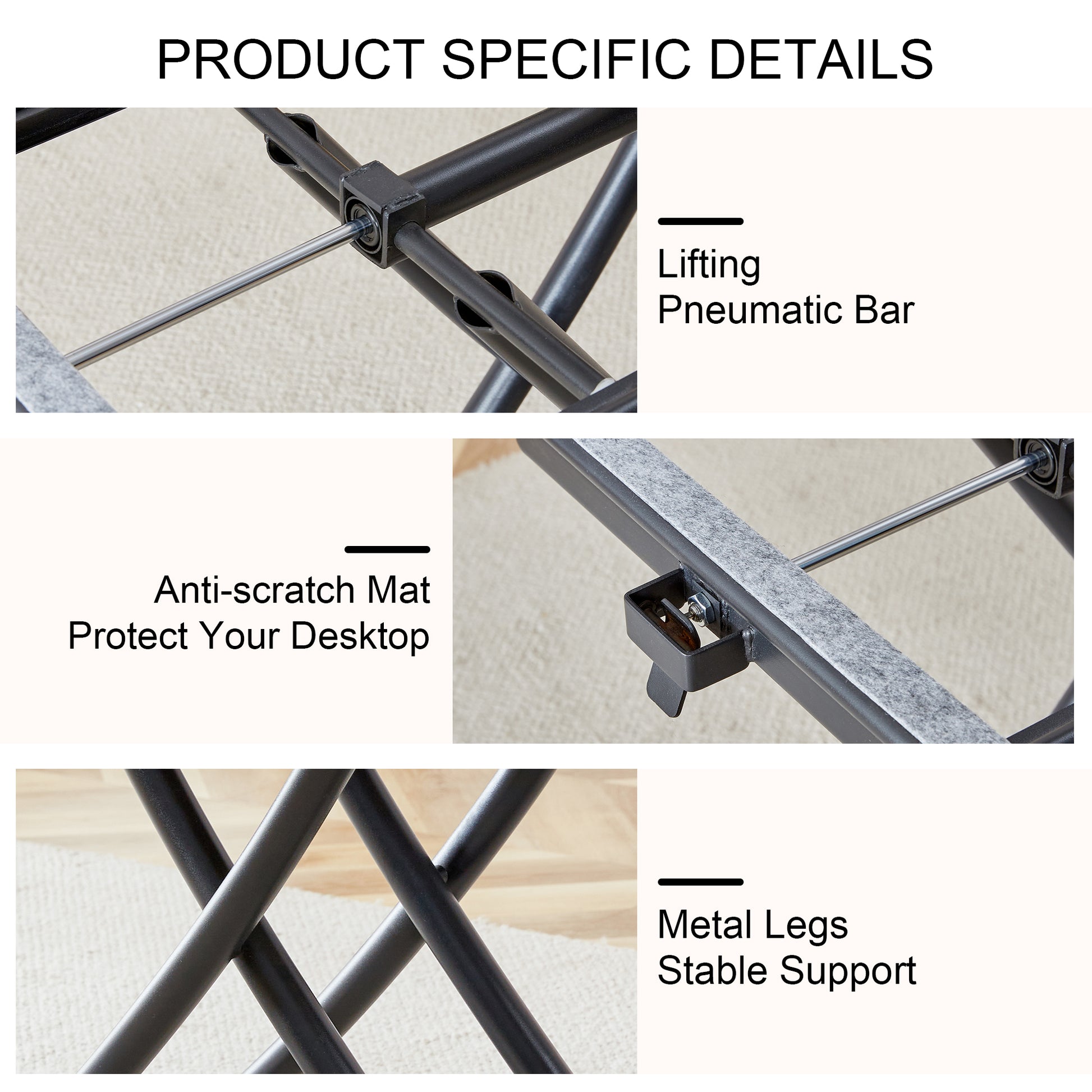 Closeup of a lifting pneumatic bar mechanism on a black metal frame