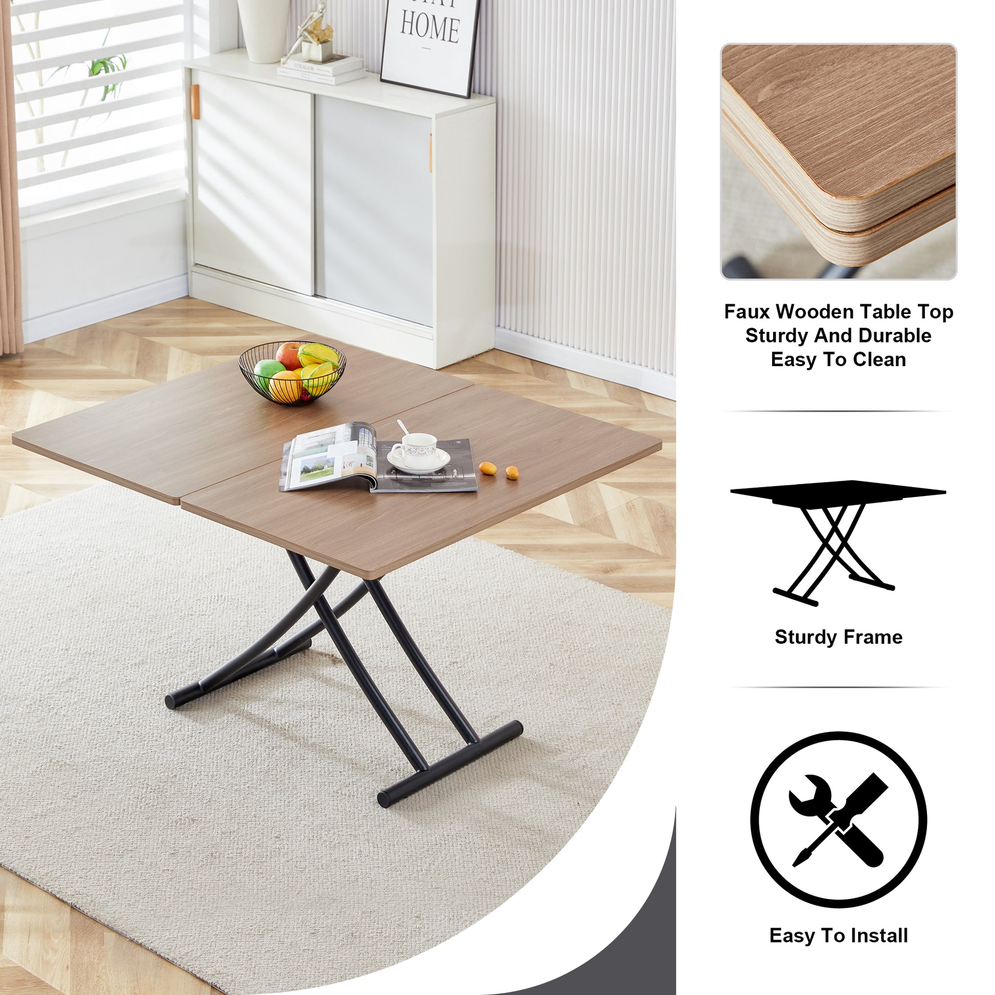 Brown faux wood lift top coffee table with black metal base