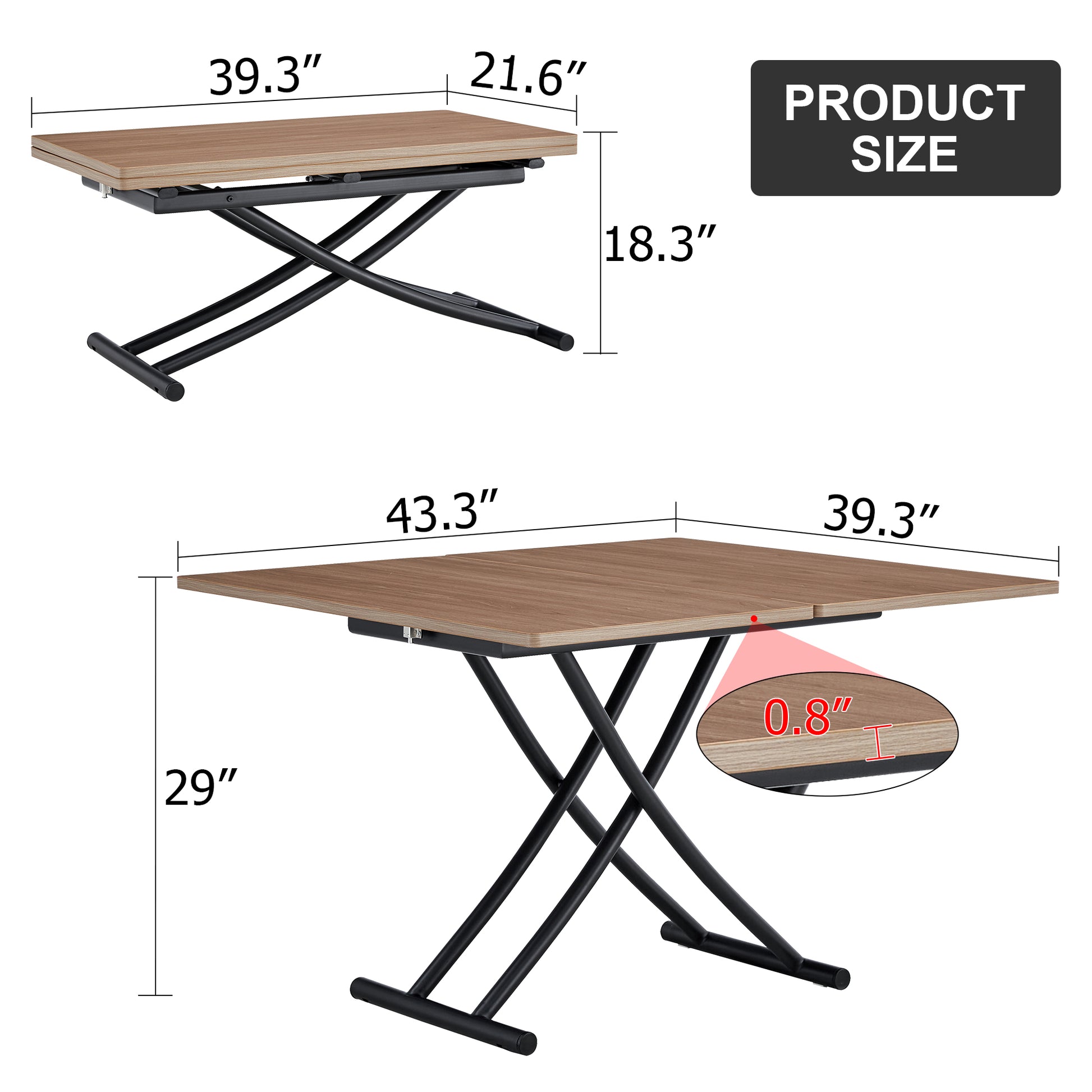 Lift top coffee table with natural wood finish and black metal base Dimensions shown are  x  x