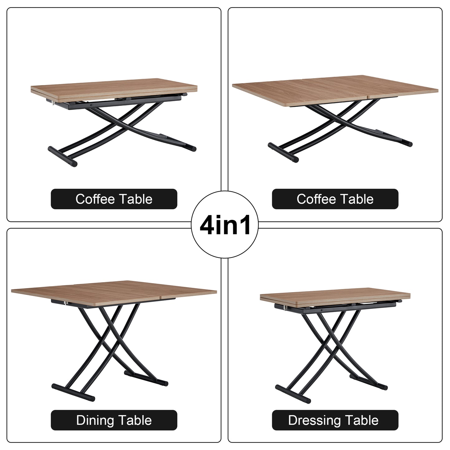Wood lift top coffee table with black metal scissor legs compact design