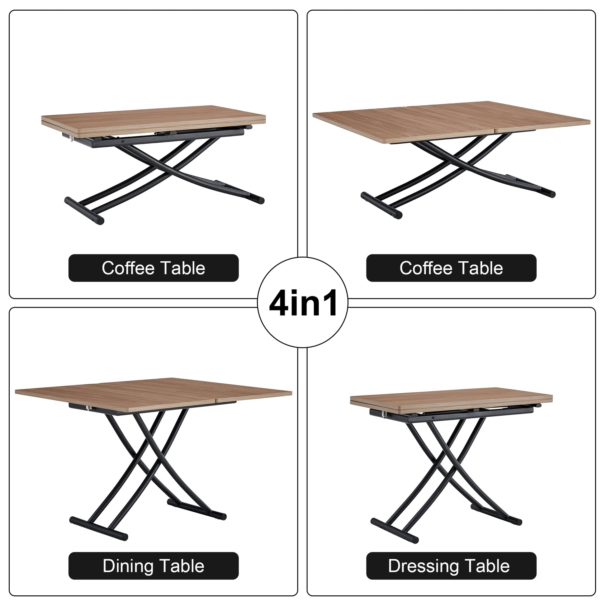 Wood lift top coffee table with black metal scissor legs compact design