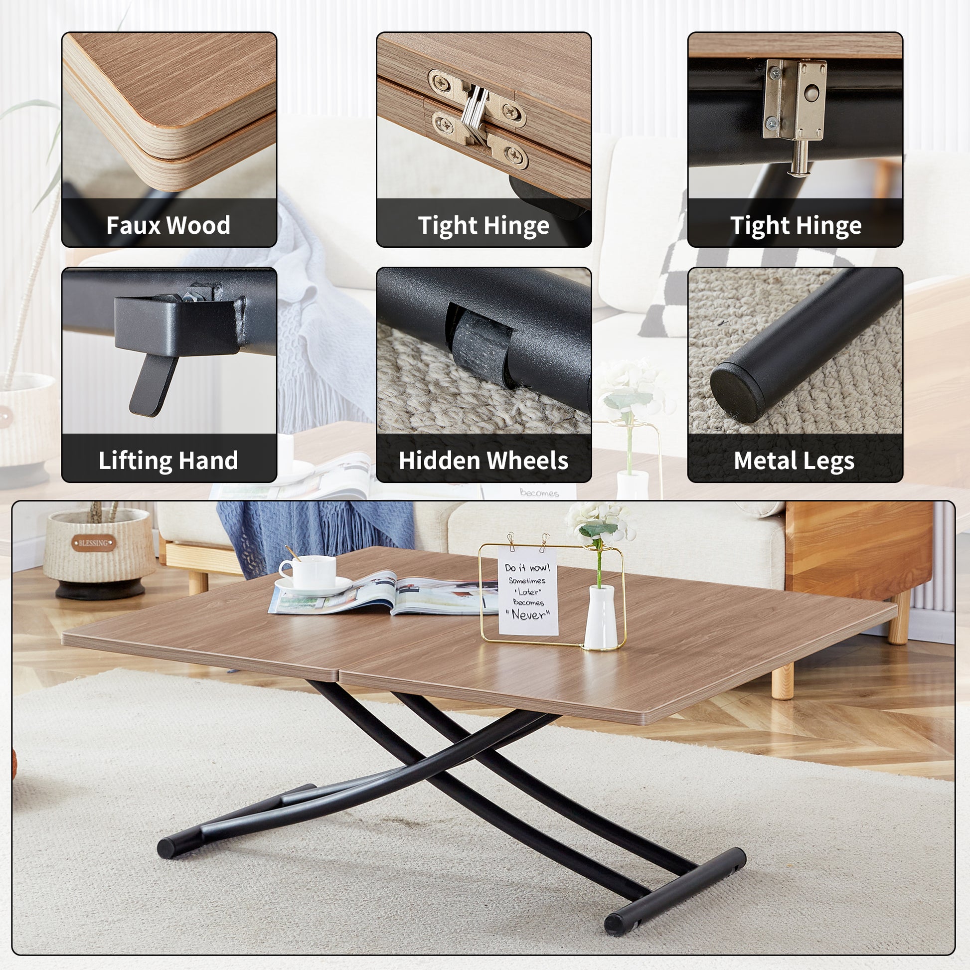 Faux wood grain finish on lift top coffee table surface