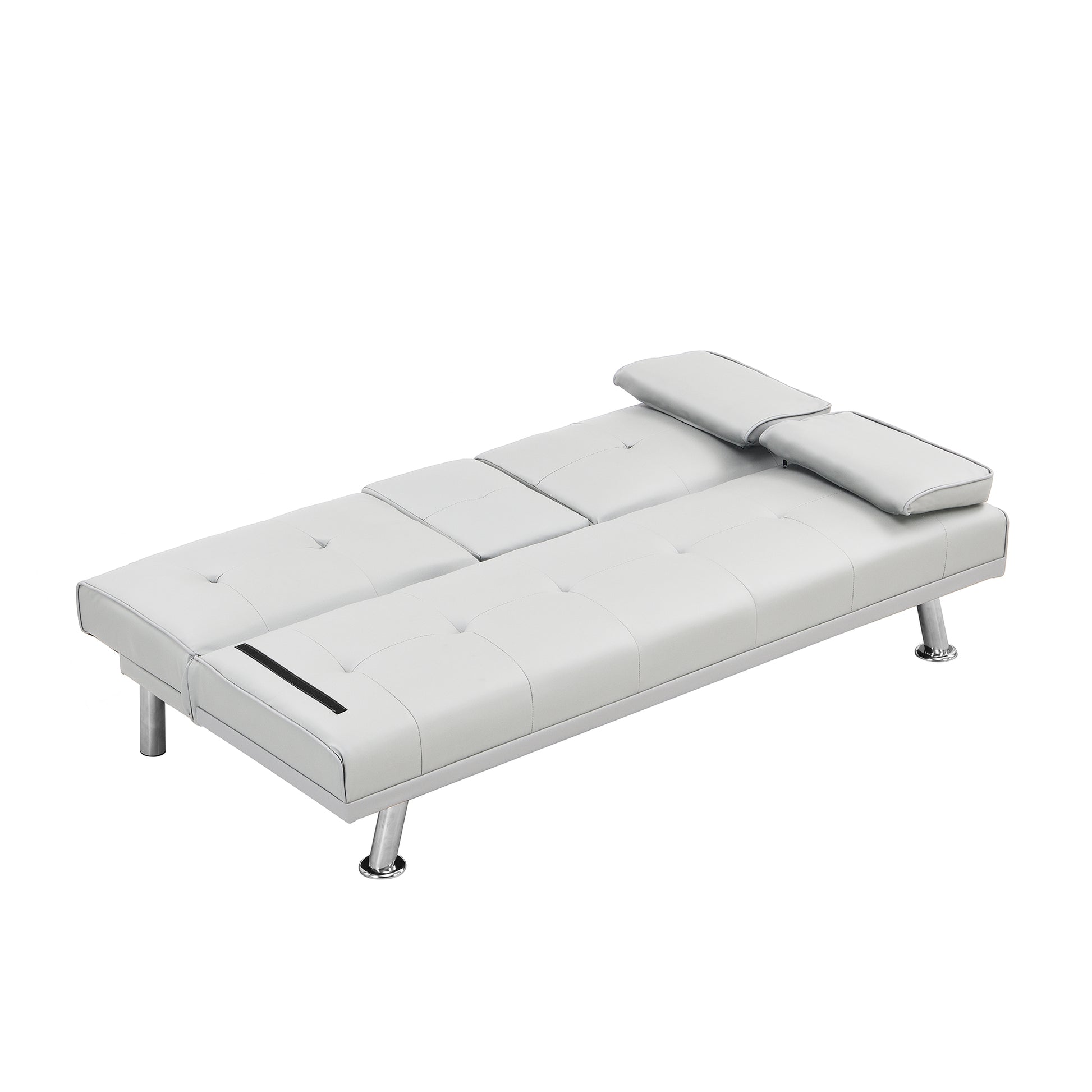 White leather sofa bed with tufted cushions and chrome legs ideal for small spaces