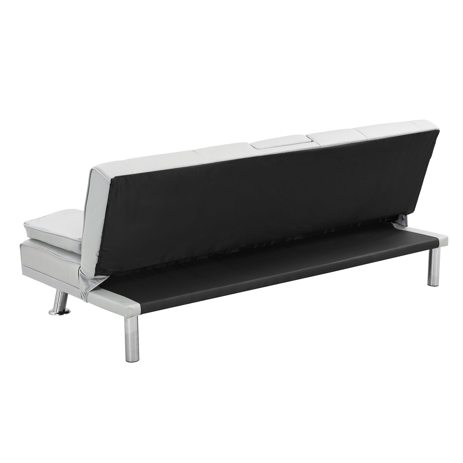Grey faux leather sofa bed with black fabric underside and chrome legs