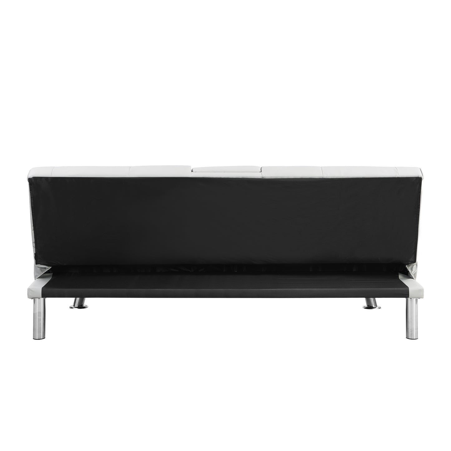 White tufted sofa back with black fabric undertones and chrome legs