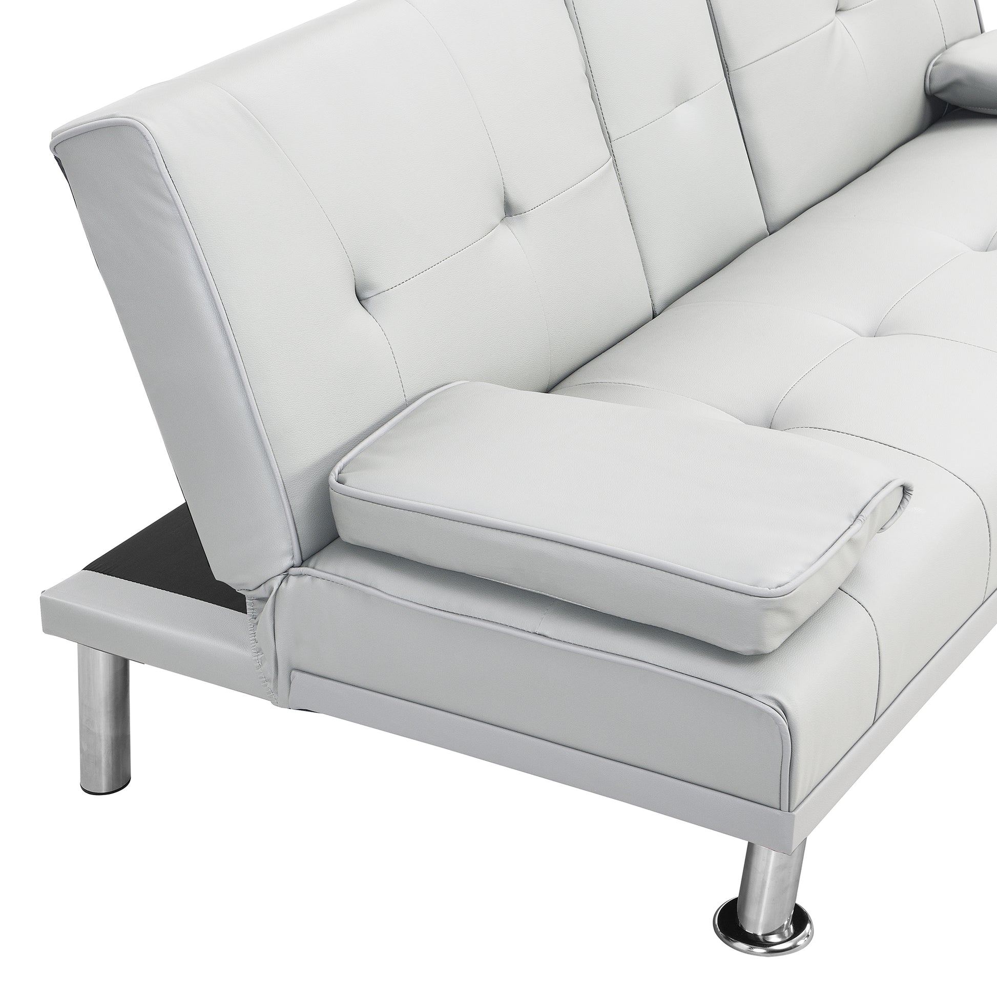 Modern gray faux leather sofa with tufted cushions and chrome legs perfect for small apartments