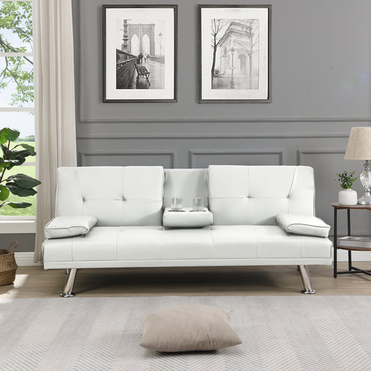 White faux leather sofa bed with tufted cushions and builtin cup holders