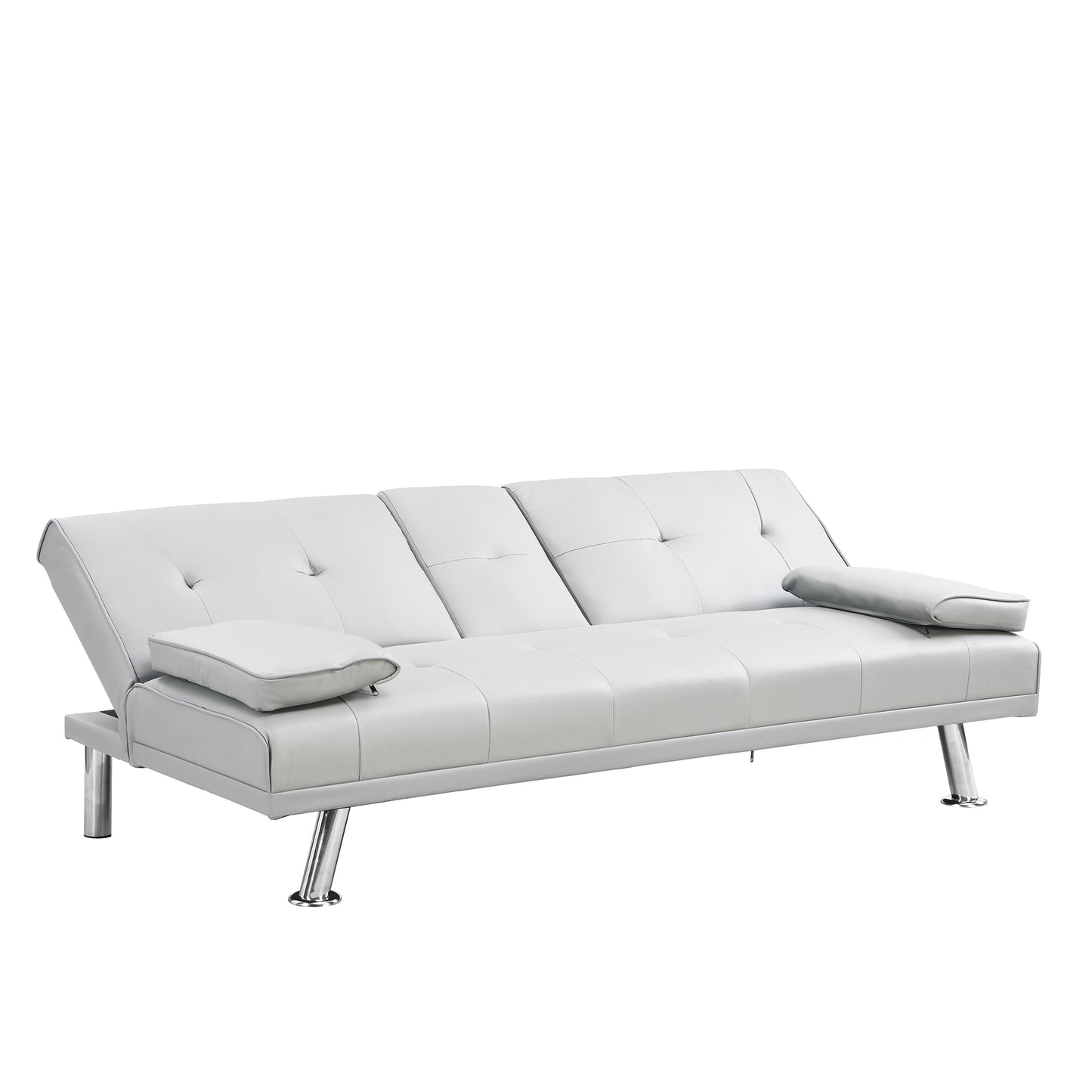 Modern white faux leather futon sofa with tufted backrest and chrome legs