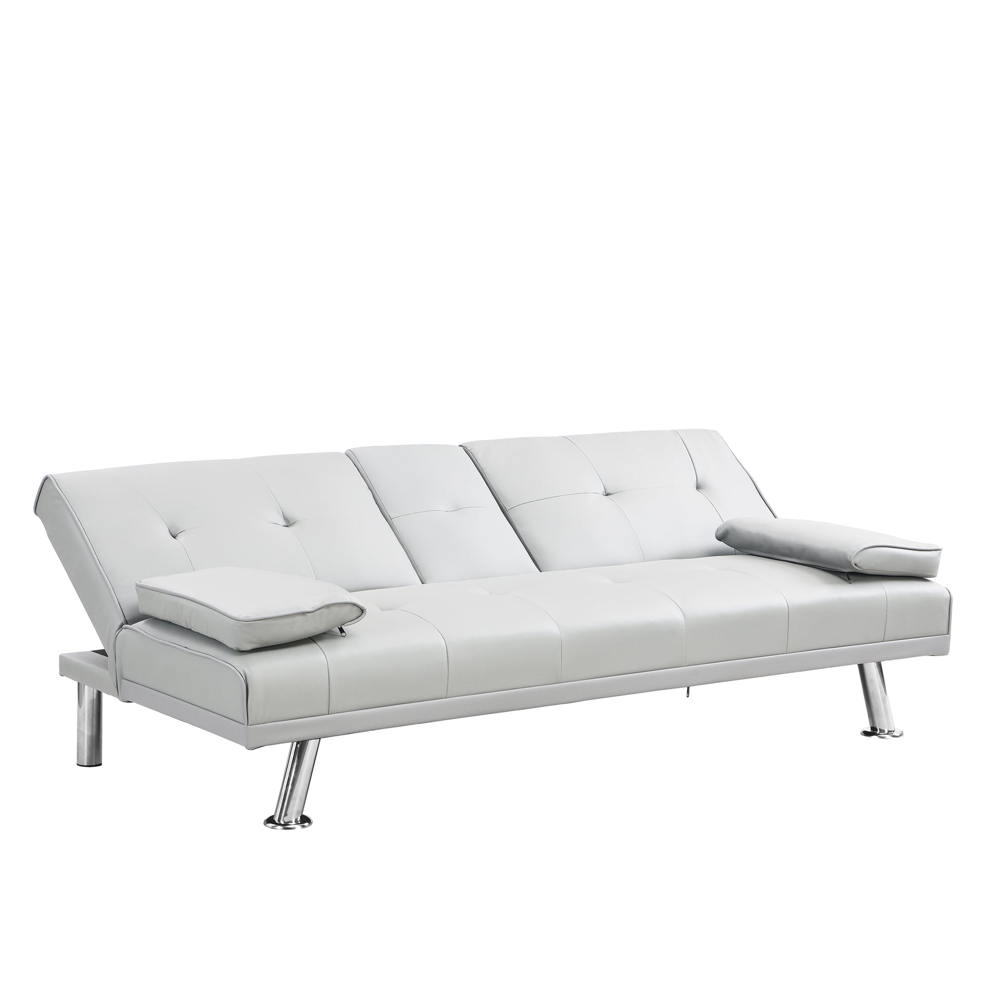 Modern white faux leather futon sofa with tufted backrest and chrome legs