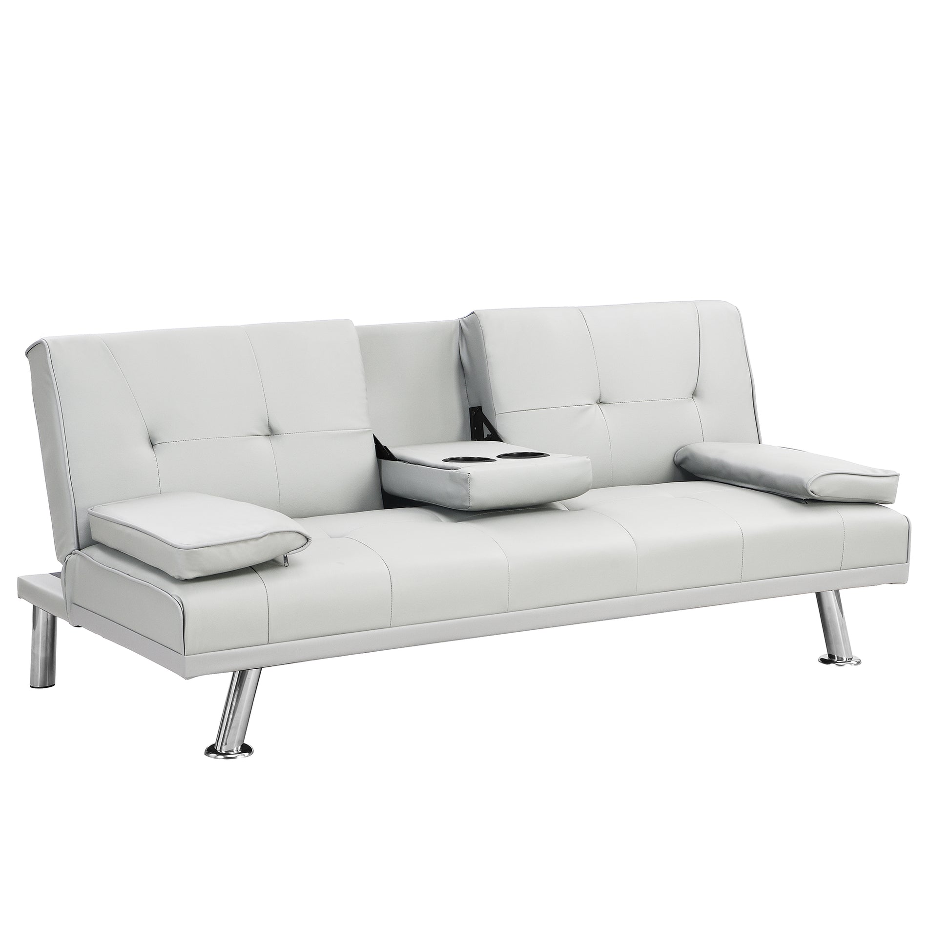 White faux leather sofa bed with tufted cushions and cup holders