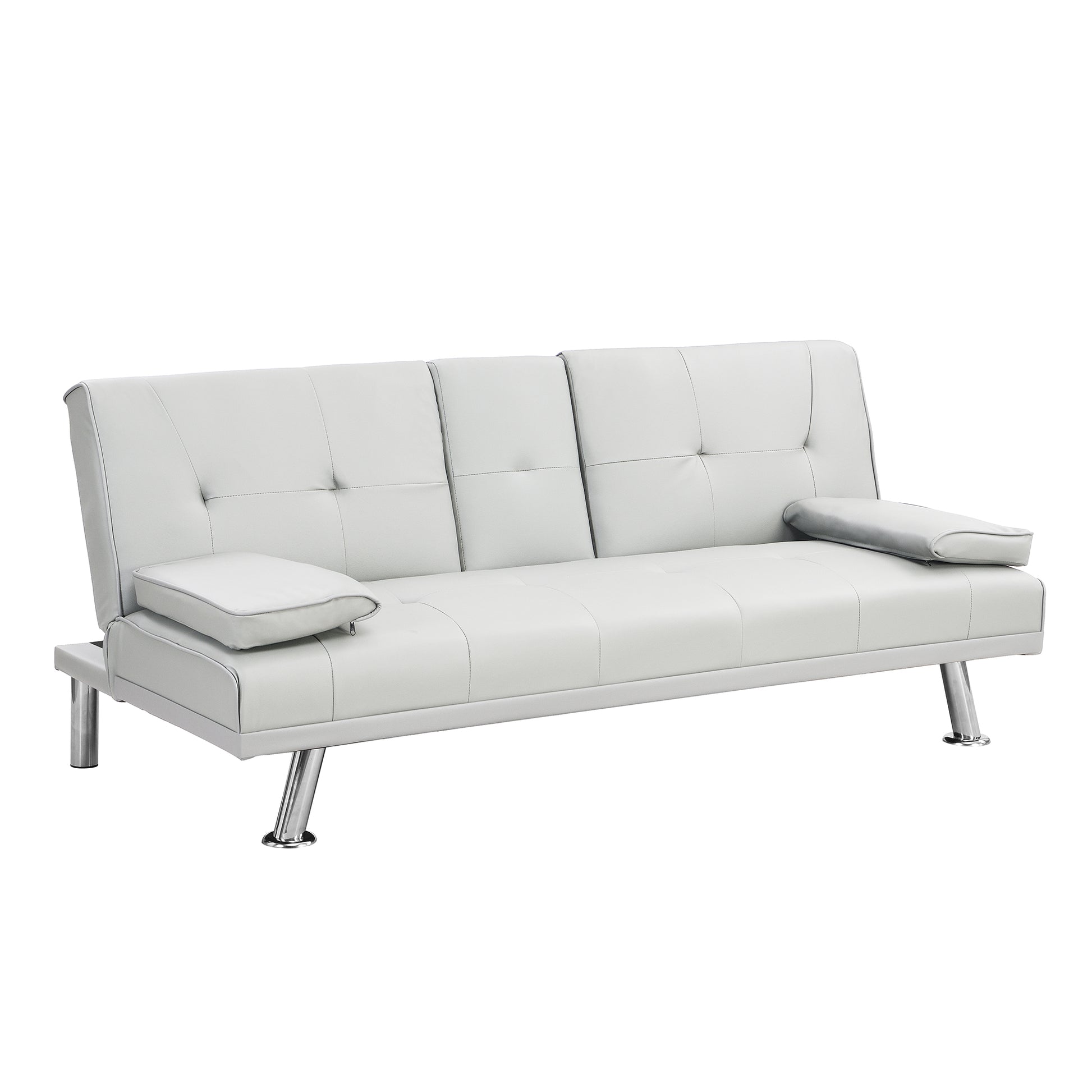White faux leather sofa with tufted cushions and chrome legs