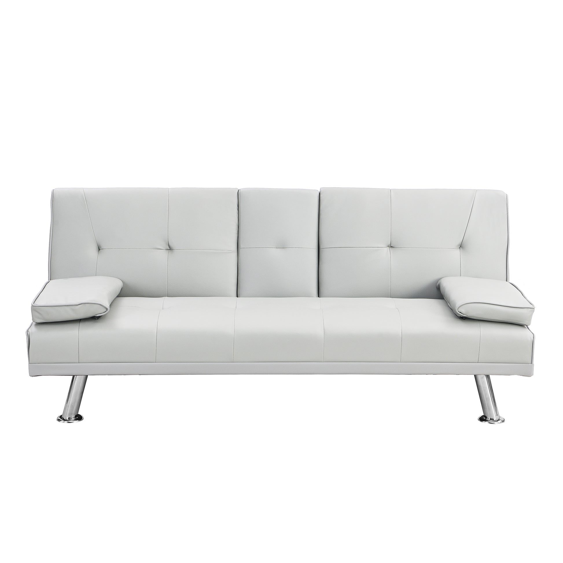 Light grey faux leather sofa with tufted cushions and chrome legs
