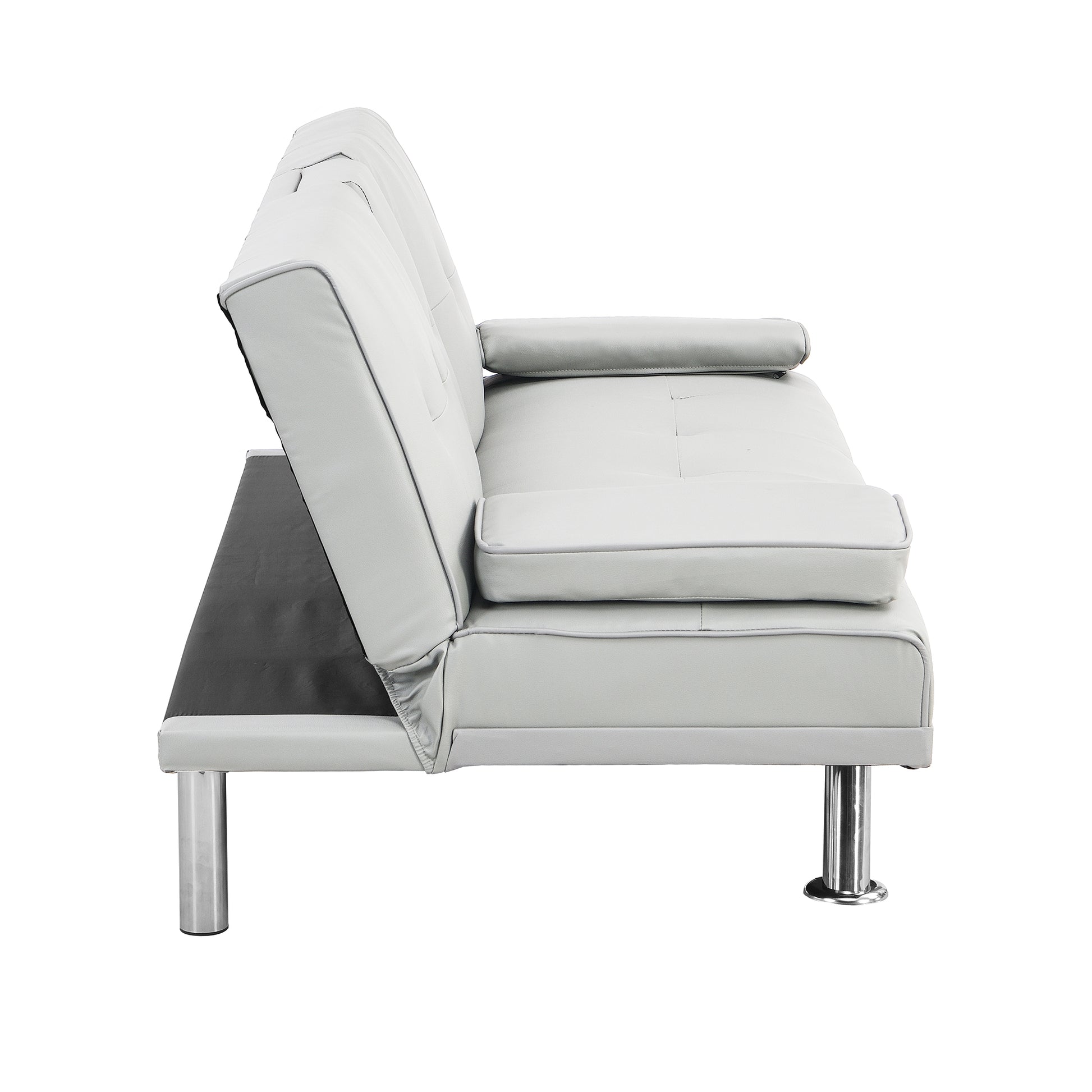 Gray faux leather convertible sofa with chrome legs ideal for small spaces