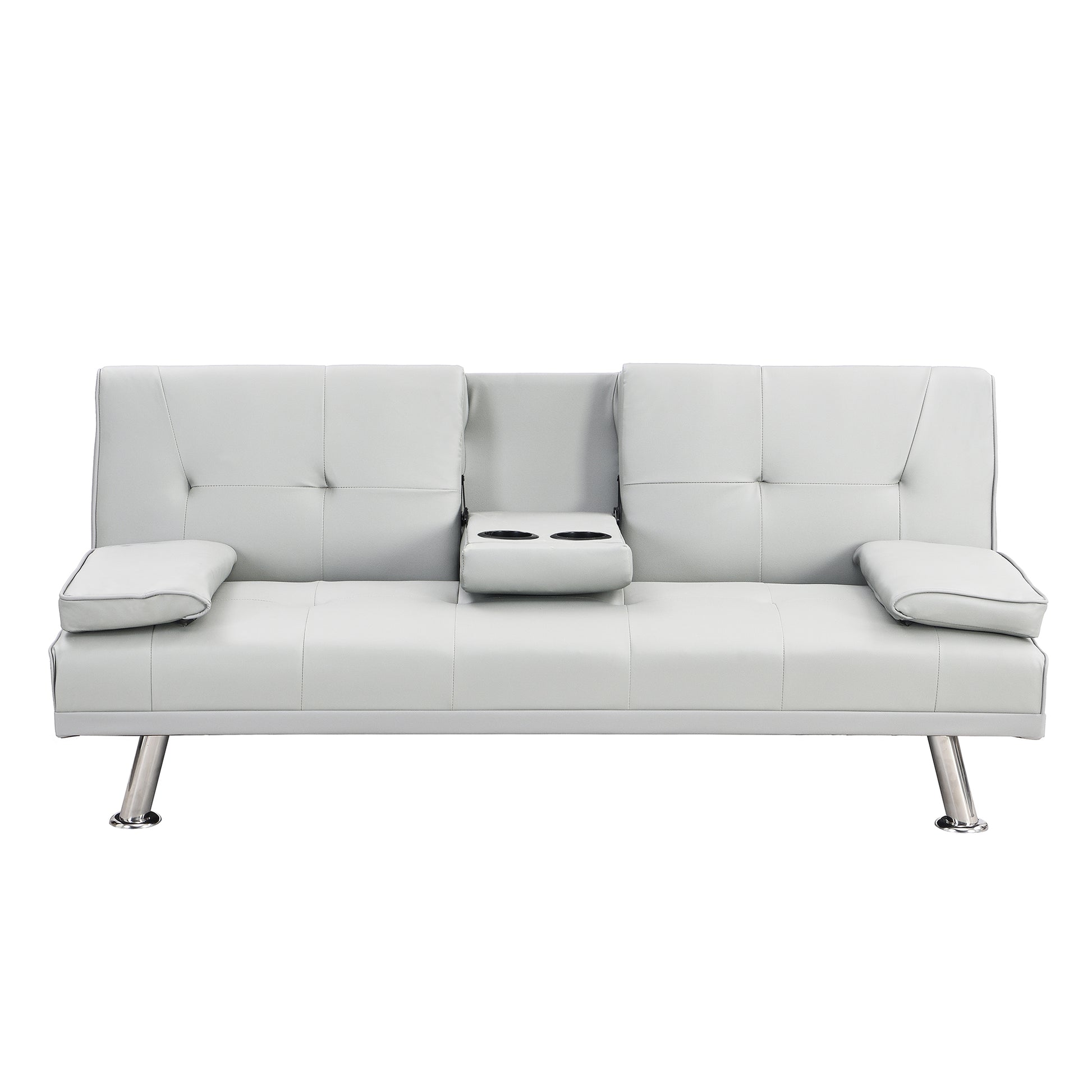 Light grey faux leather futon sofa with builtin cup holders and chrome legs