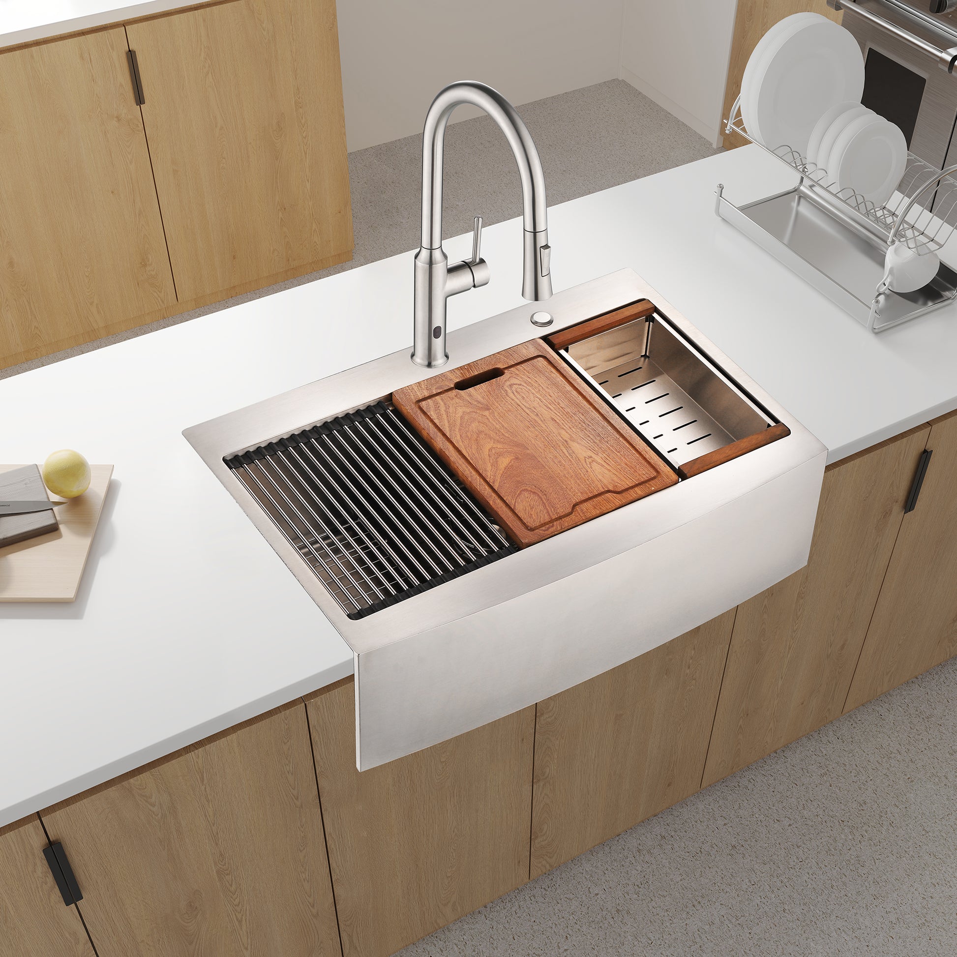Stainless steel apron sink with builtin cutting board and dish rack