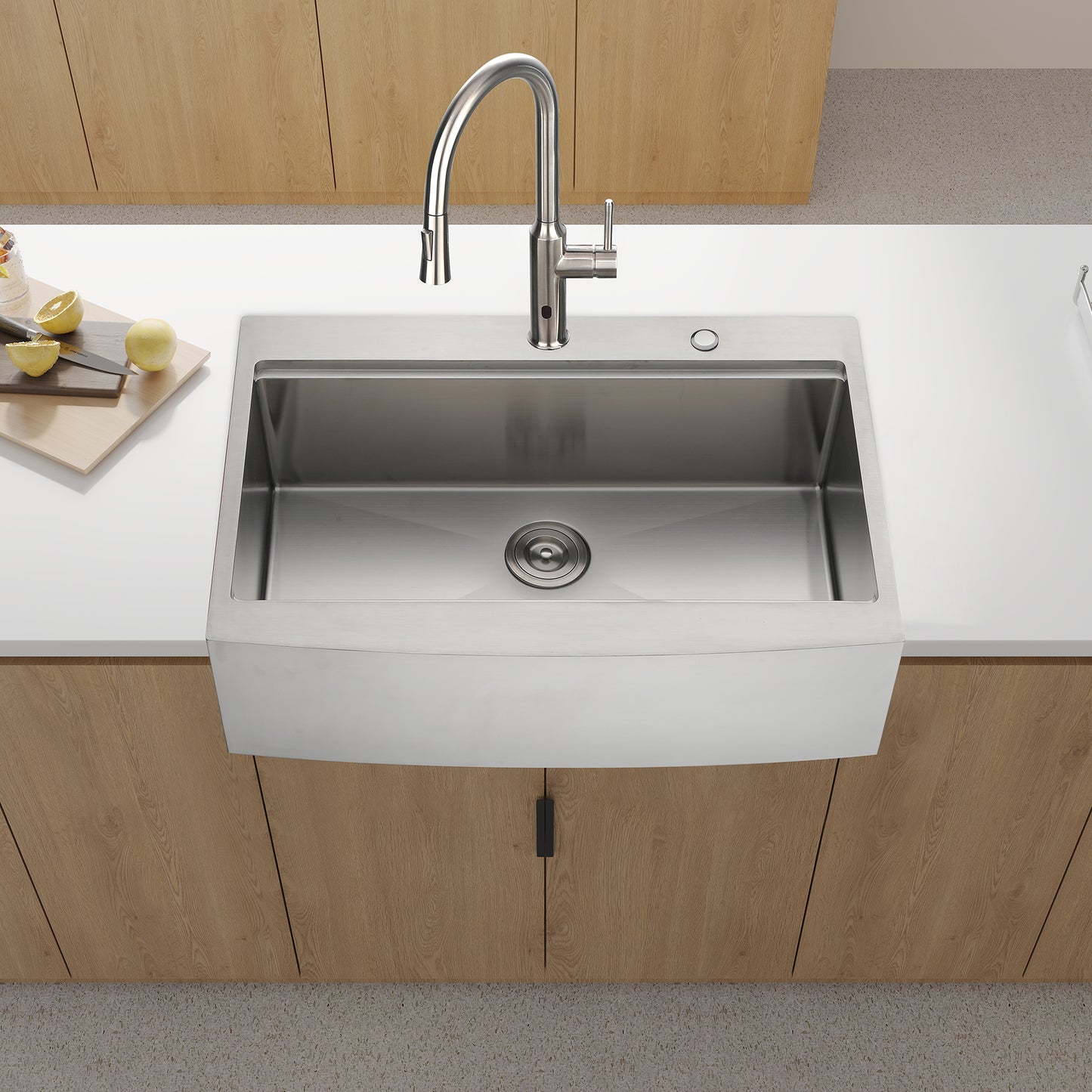 Brushed stainless steel apron front kitchen sink with modern pulldown faucet