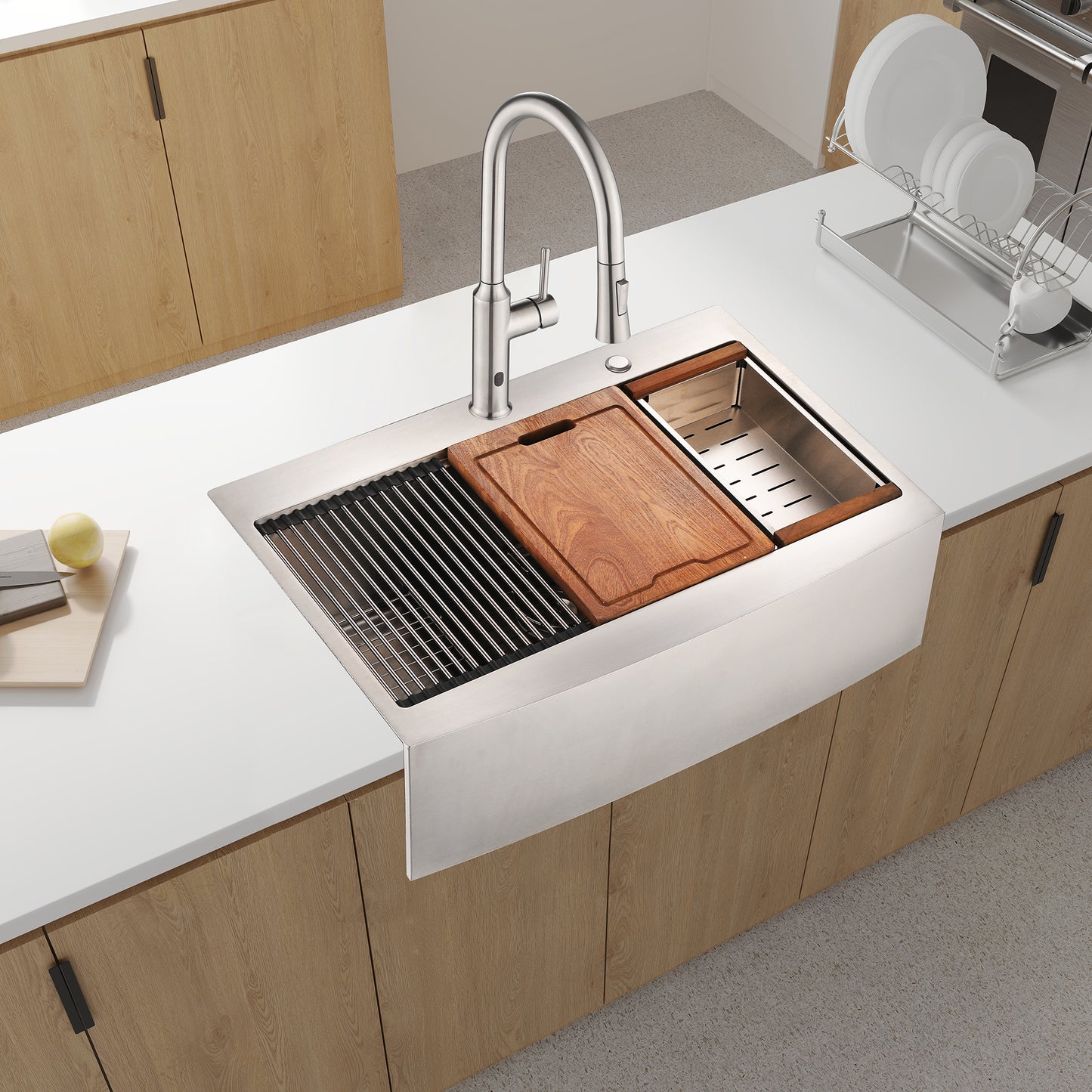 Stainless steel farmhouse sink with integrated cutting board and dish rack