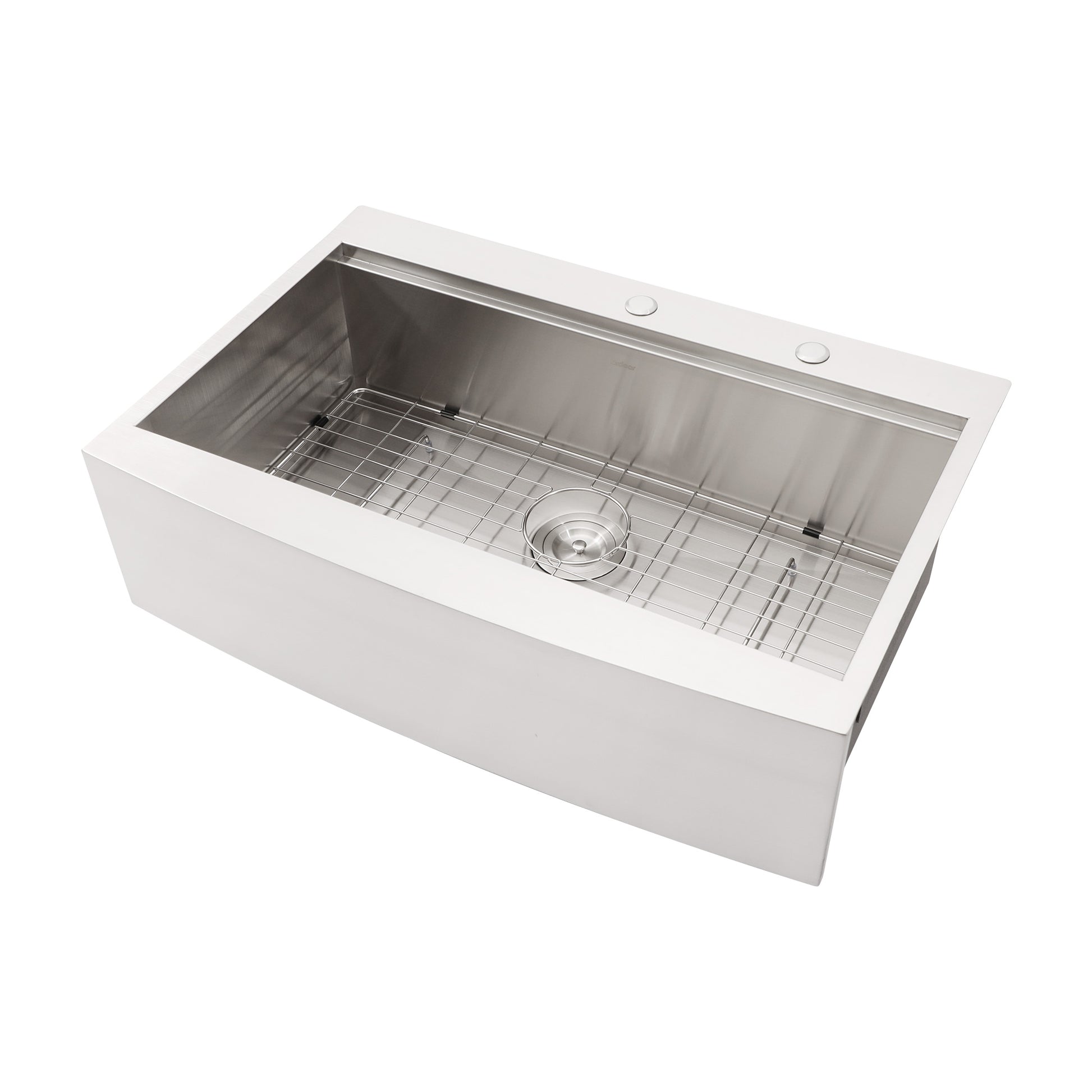 Brushed stainless steel farmhouse sink with integrated grid and drain