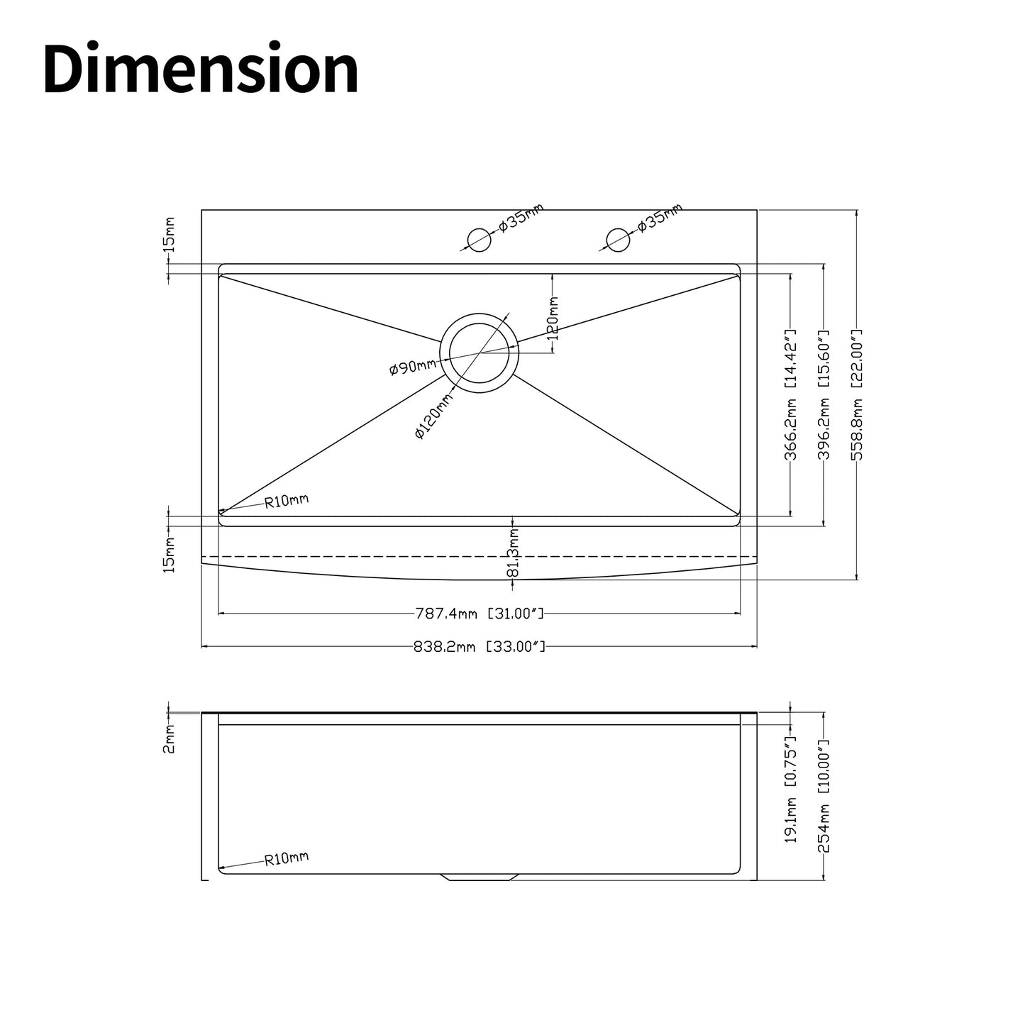 Diagram shows dimensions of a single bowl stainless steel sink  inches long