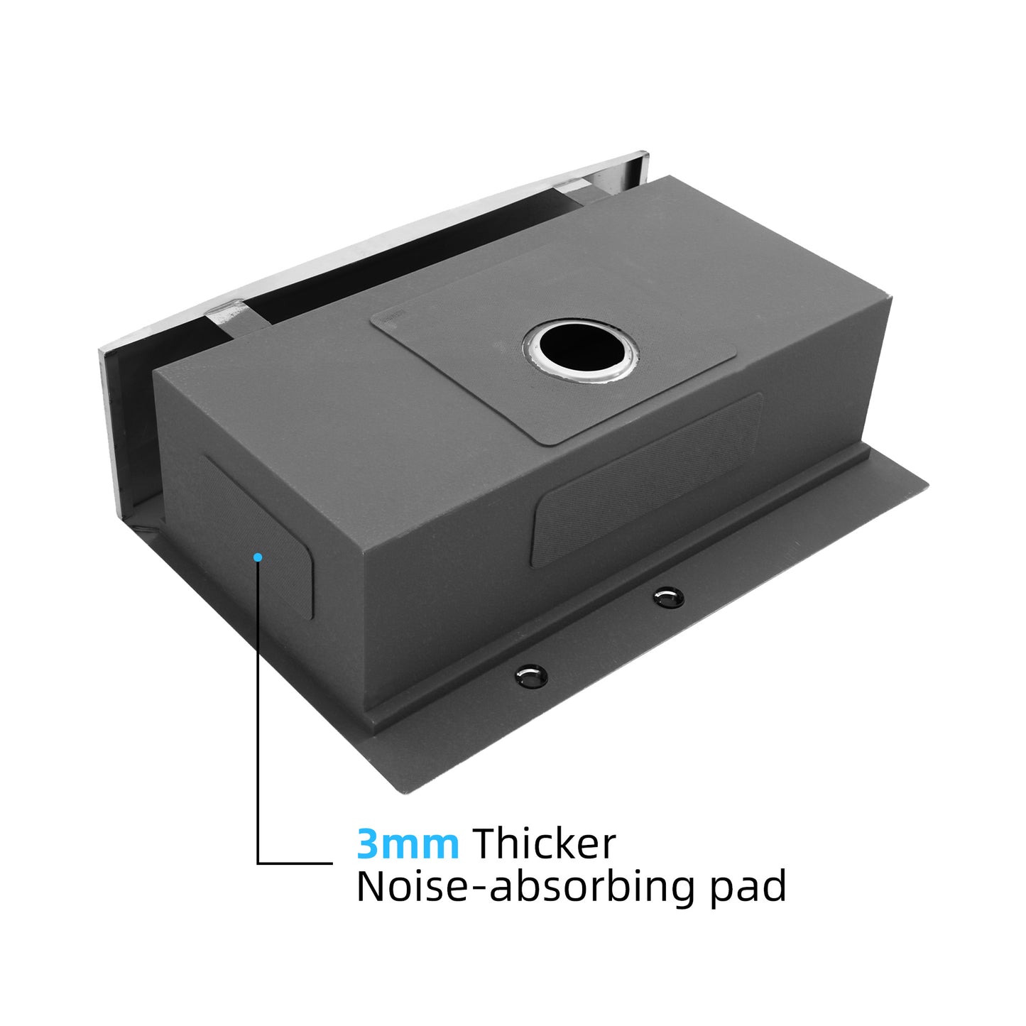 Underside view of a dark gray stainless steel kitchen sink with noiseabsorbing pad