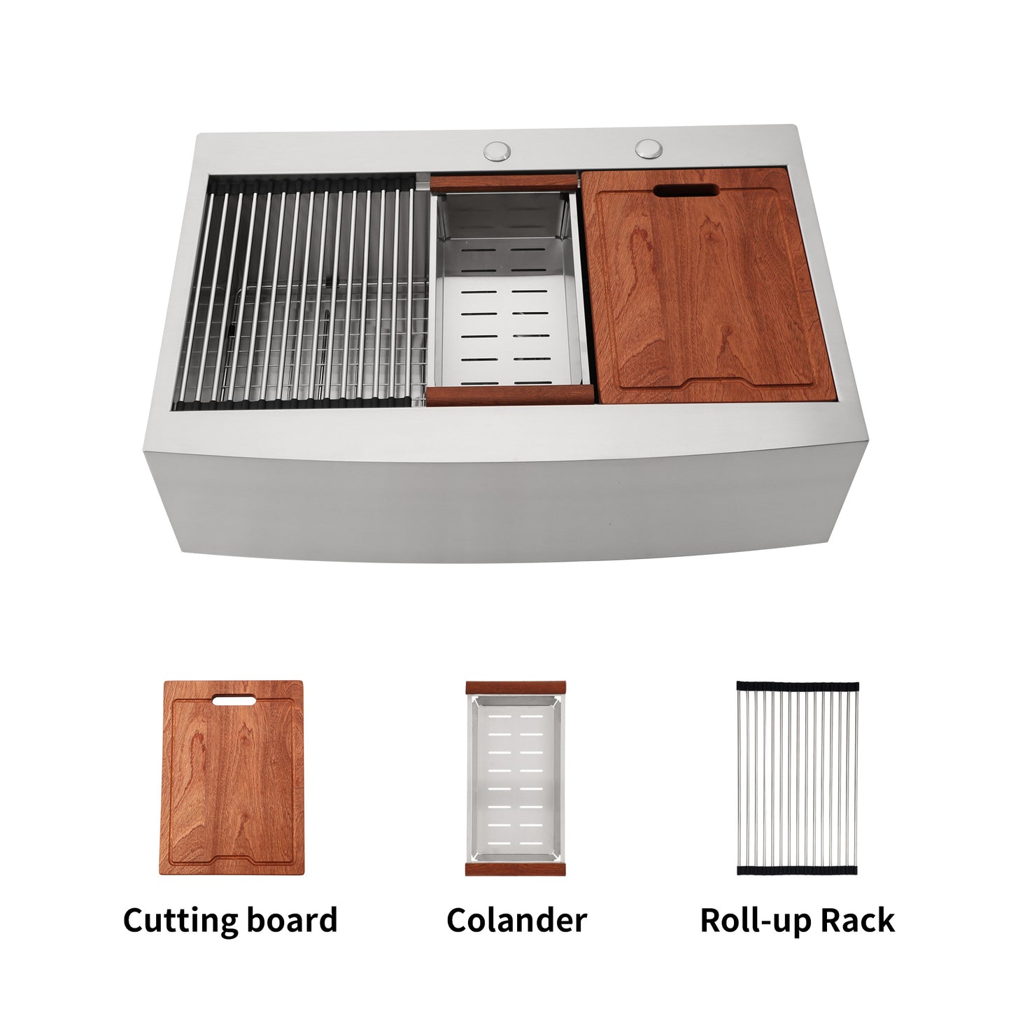 Stainless steel sink with integrated wooden cutting board and colander