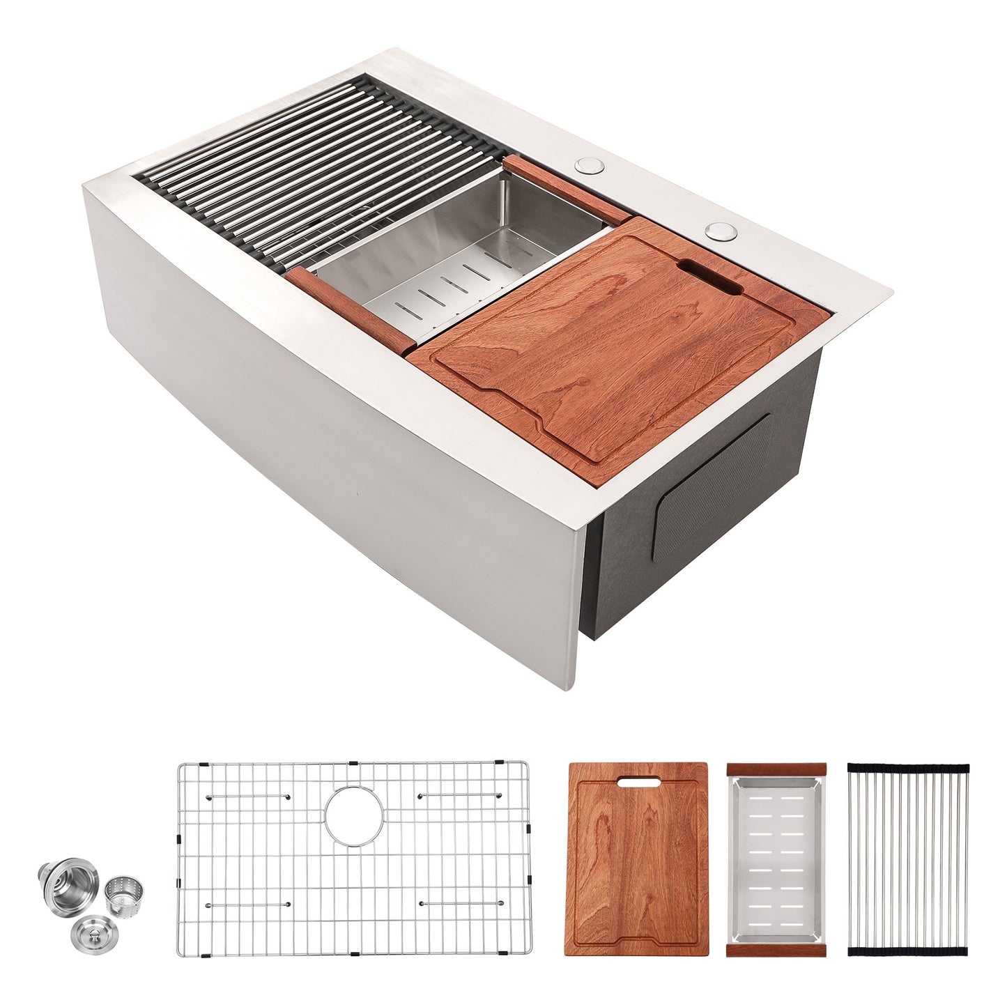 Stainless steel farmhouse sink with integrated cutting board and drying rack accessory