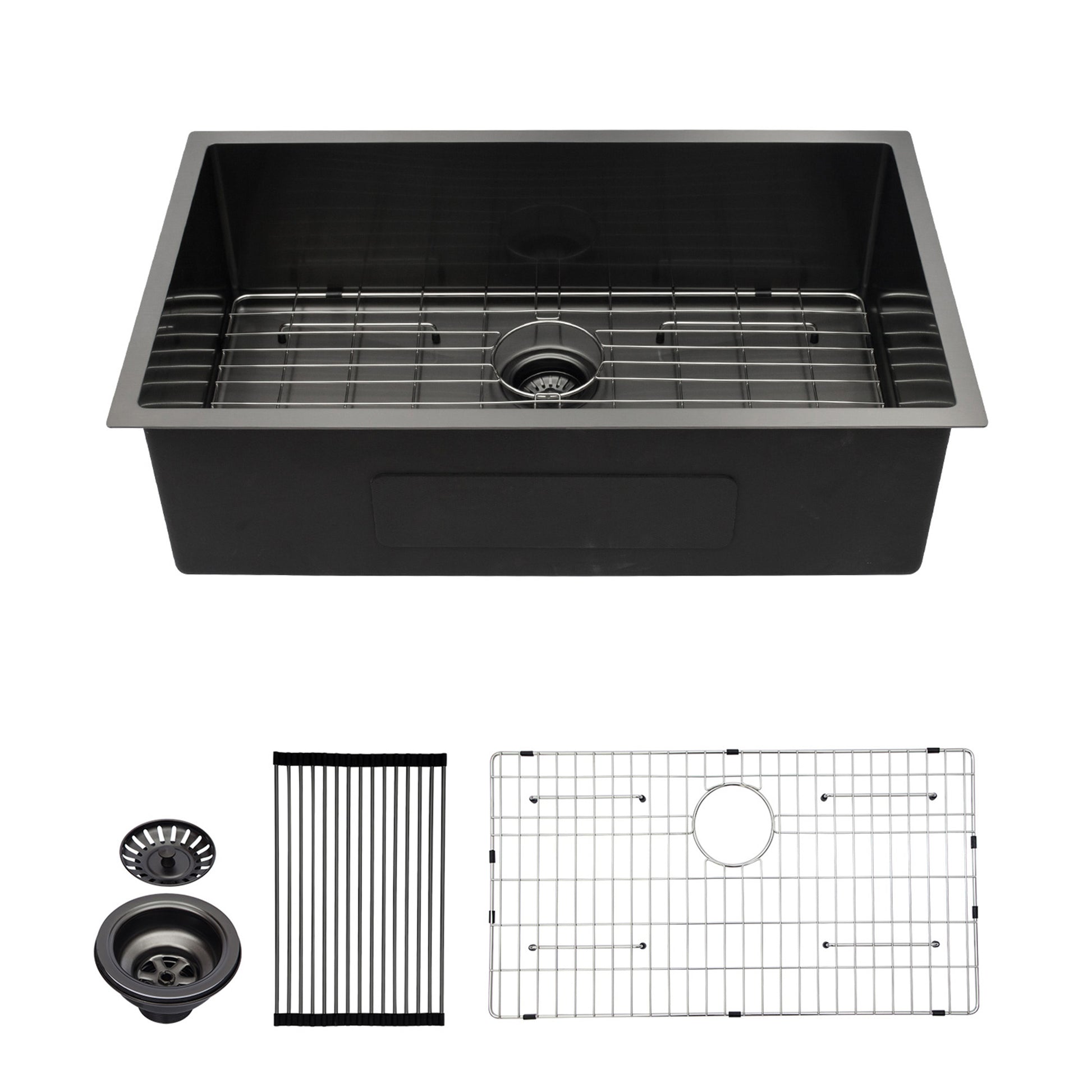 Black stainless steel undermount kitchen sink with drain and rack accessory