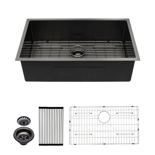 Black stainless steel undermount kitchen sink with drain and rack accessory
