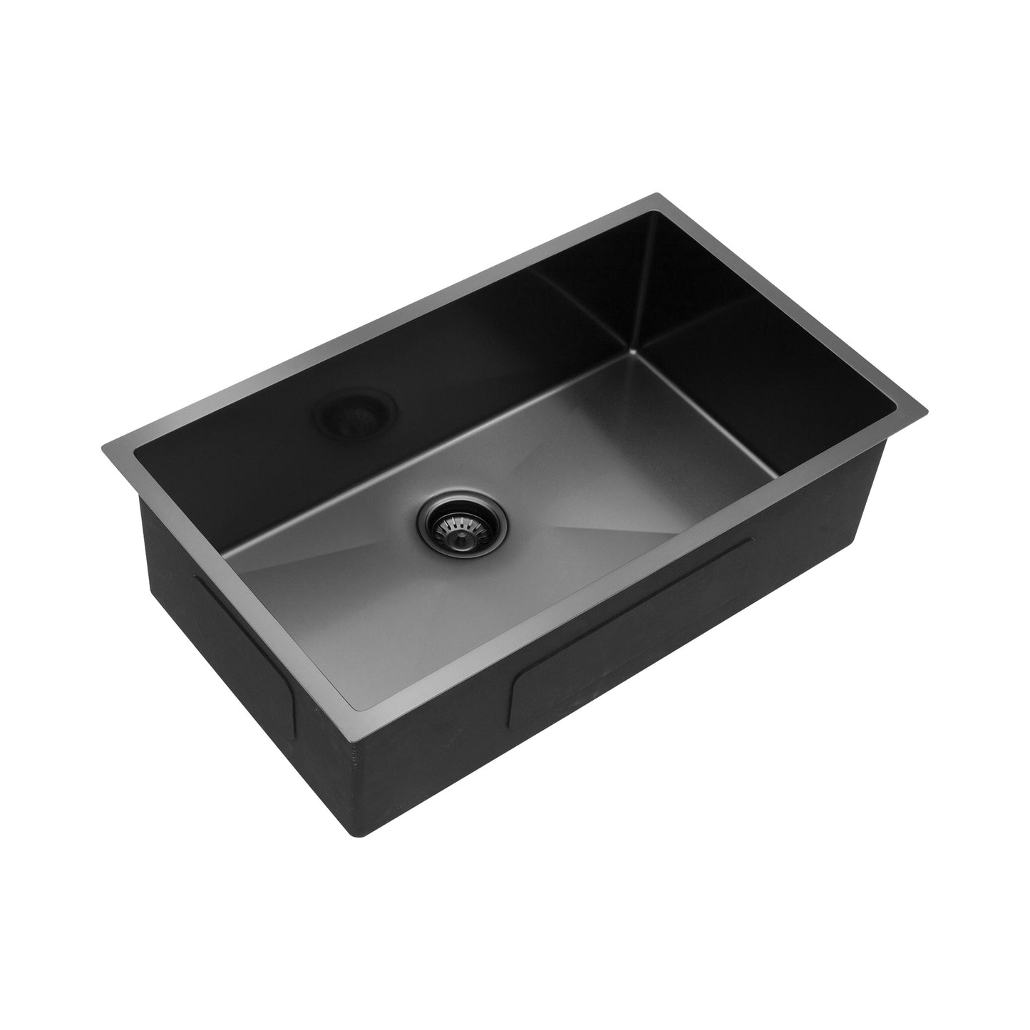 Sleek black stainless steel kitchen sink with integrated drain and strainer
