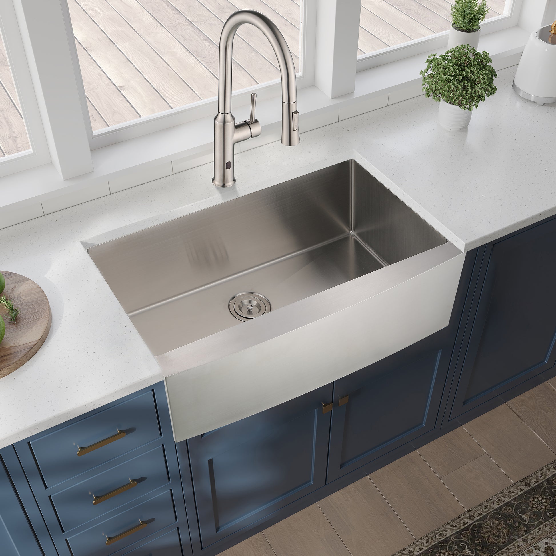 Stainless steel farmhouse sink with pulldown faucet modern kitchen centerpiece