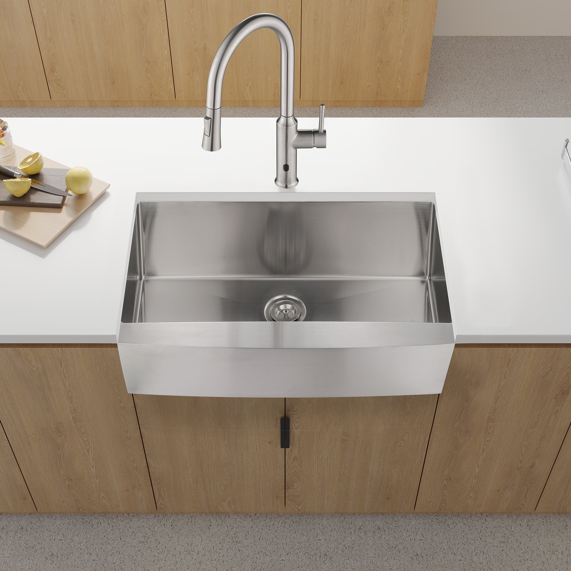 Sleek stainless steel farmhouse kitchen sink with pulldown faucet ideal for modern homes