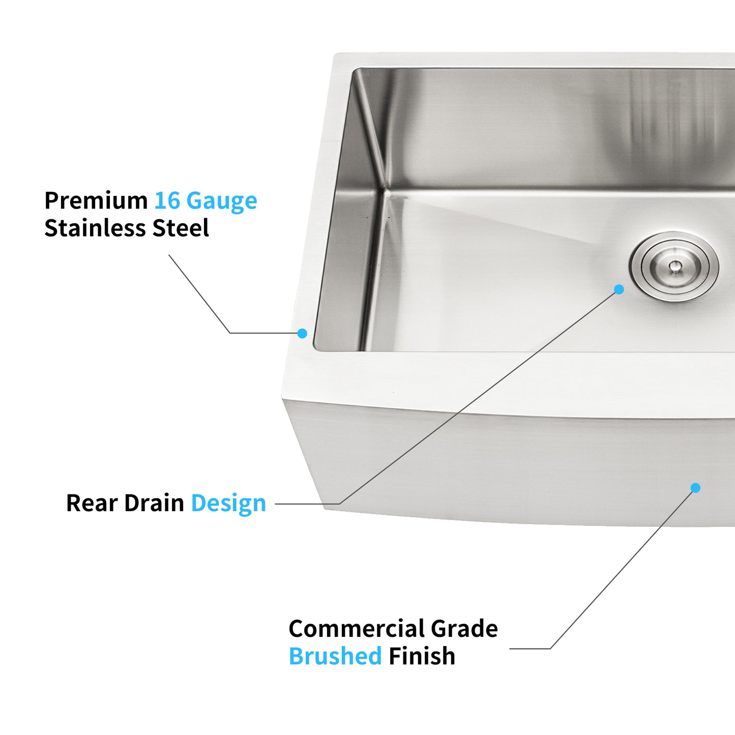 Farmhouse sink in  gauge stainless steel with a rear drain design